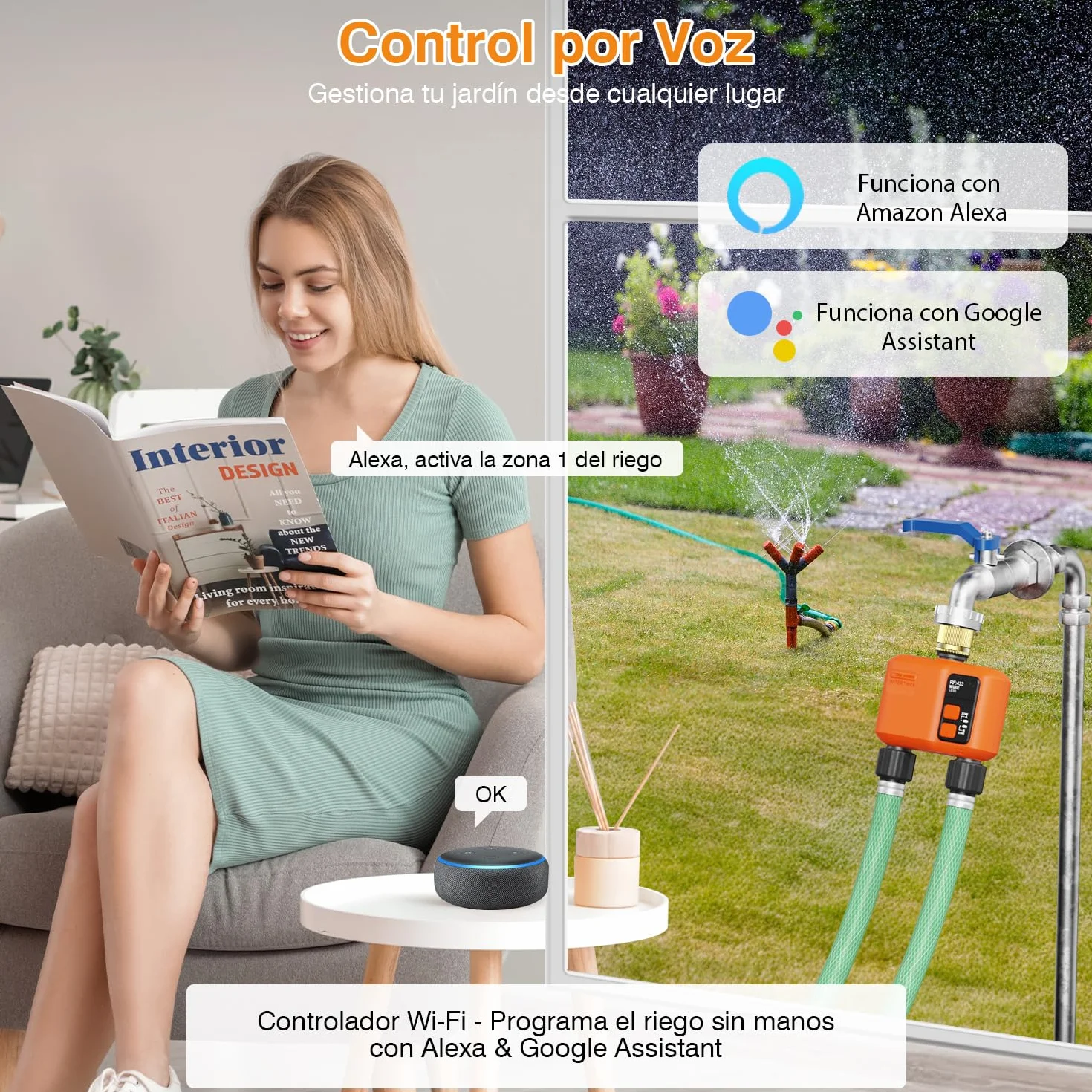 Programador de Riego WiFi 2 Salidas 300 Metros RF Entrada de Latón Retardo Lluvia Temporizador Automático Jardín Compatible Alexa Smart Life
