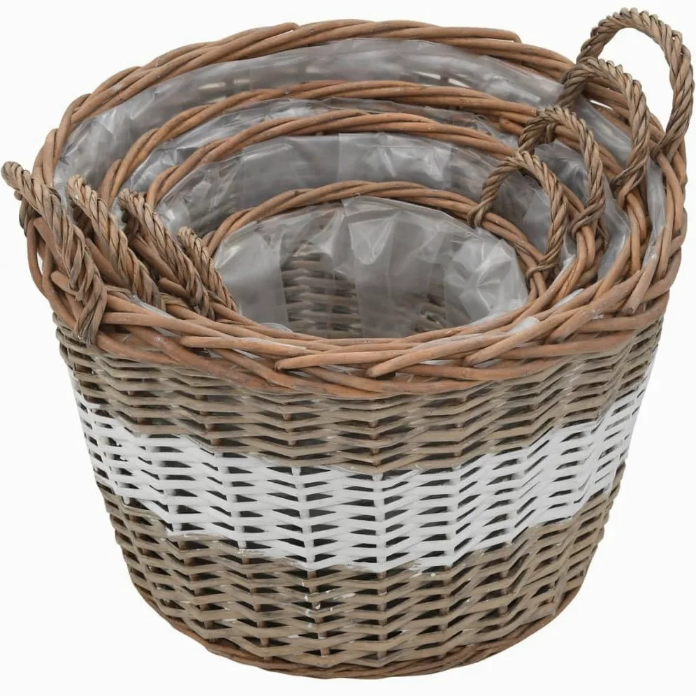 Juego de 4 maceteros de mimbre de mimbre hechos a mano con forro de polietileno, diseño moderno para balcón, jardín y terraza (22 – 40 cm), color marrón y blanco