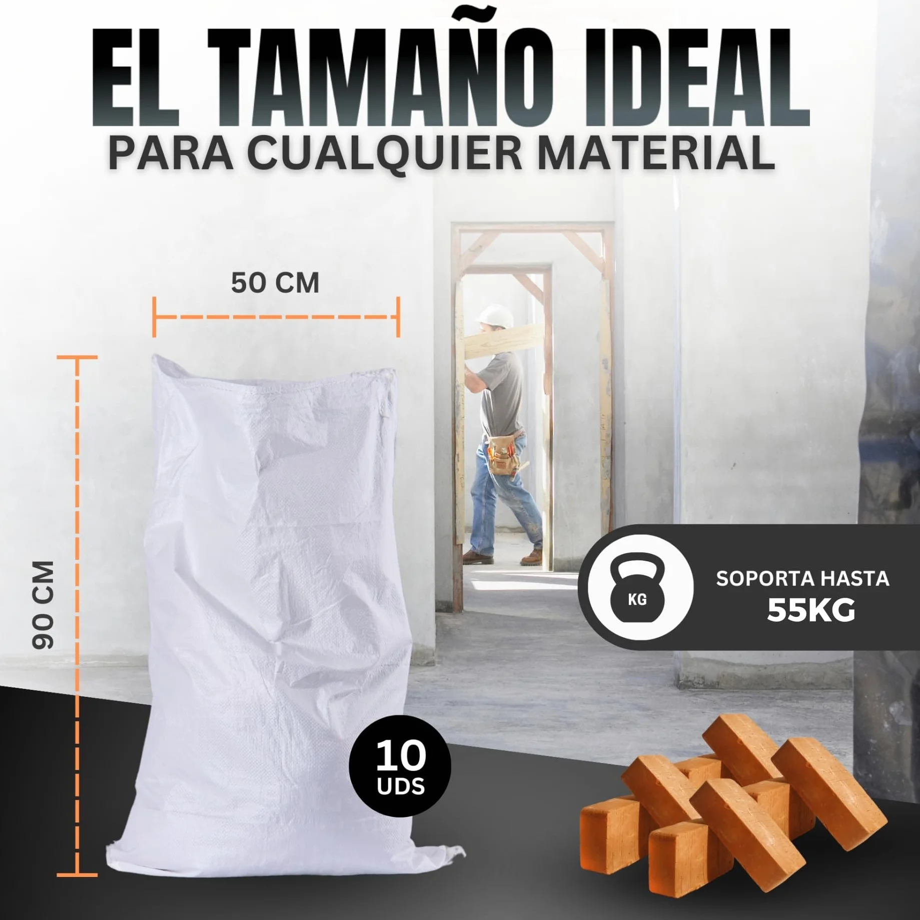 Sacos Para Escombros 50x90cm RESISTENTES 55kg, Saco Rafia Reutilizables, Bolsas para Jardin y Transporte