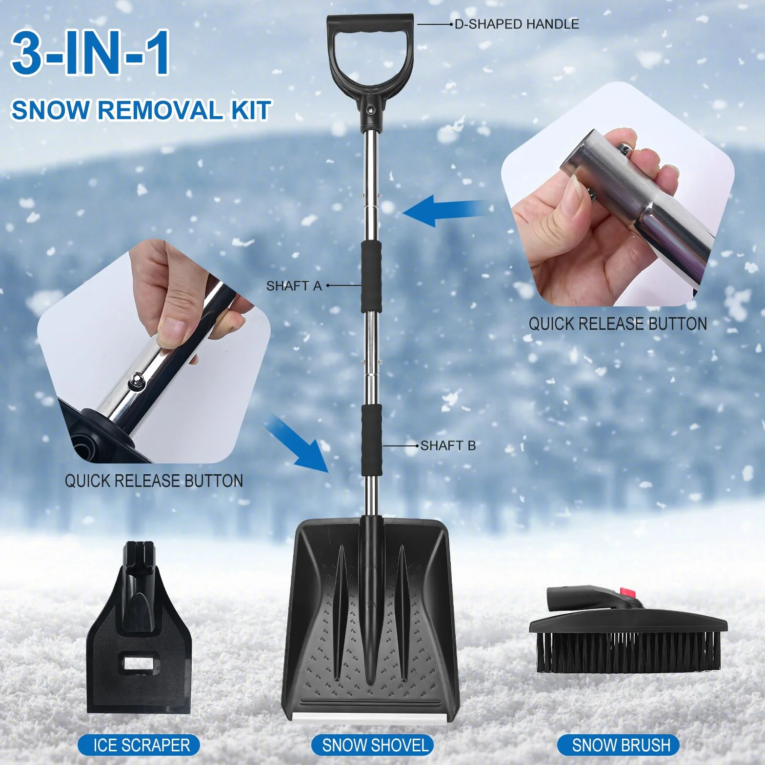 Kit de Pala de Nieve 3 en 1, Retráctil con Raspador de Hielo y Cepillo, Plateado