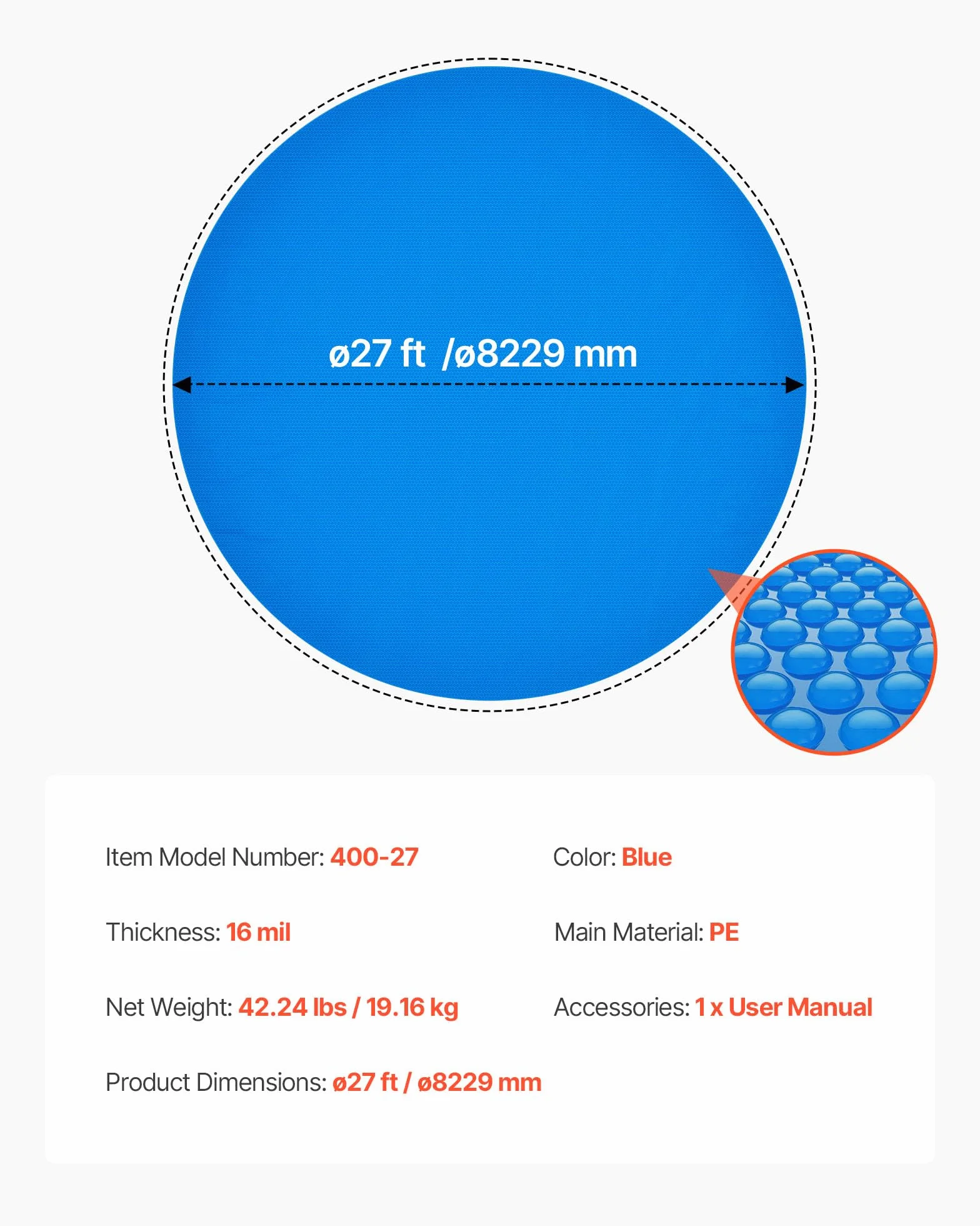 VEVOR Cubierta Solar Redonda para Piscina 8,23 m Diámetro 0,4 mm Azul Burbujas PE