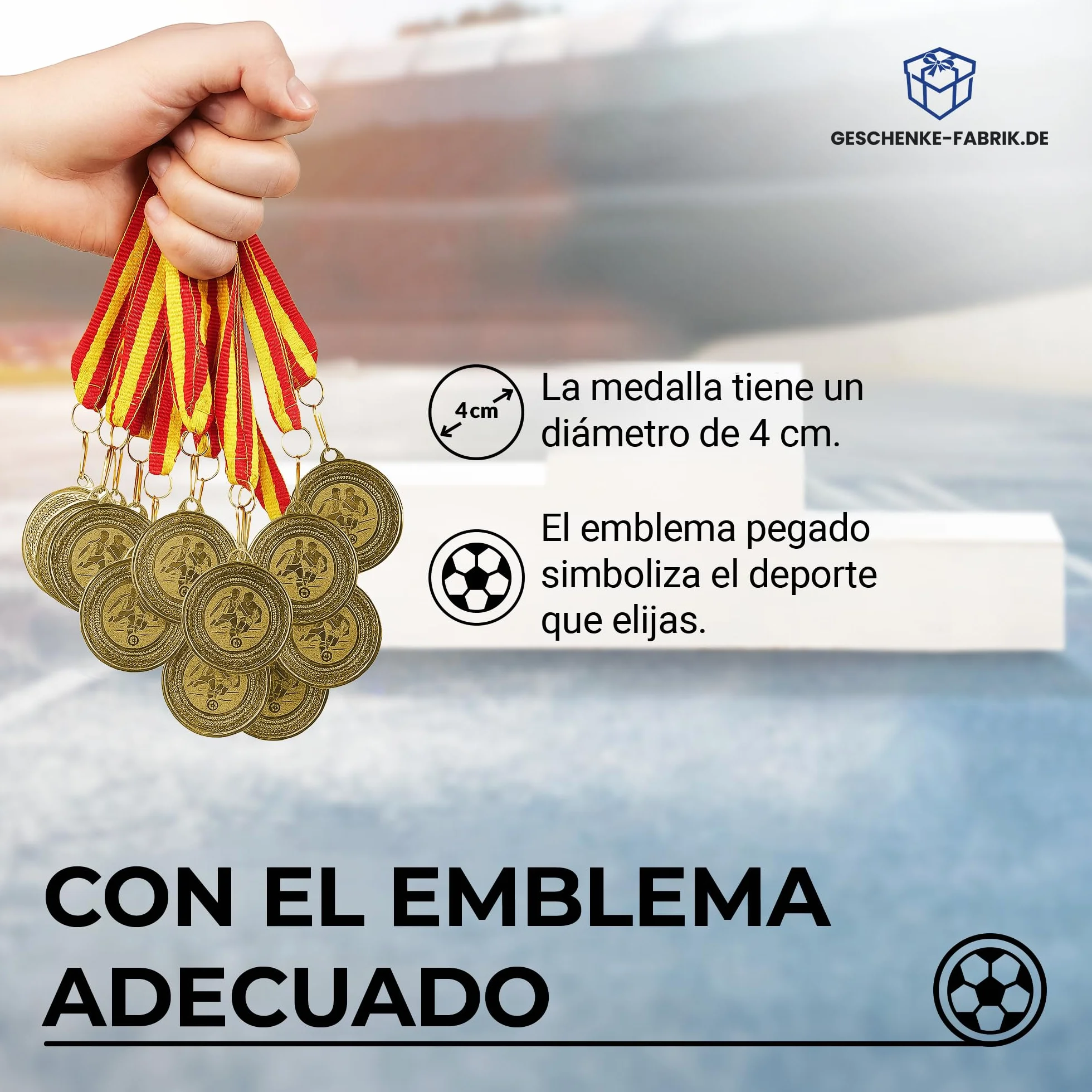 Pokal-Fabrik Juego de 10 Medallas de Fútbol Metal Dorado con Cinta Azul, Blanca y Roja