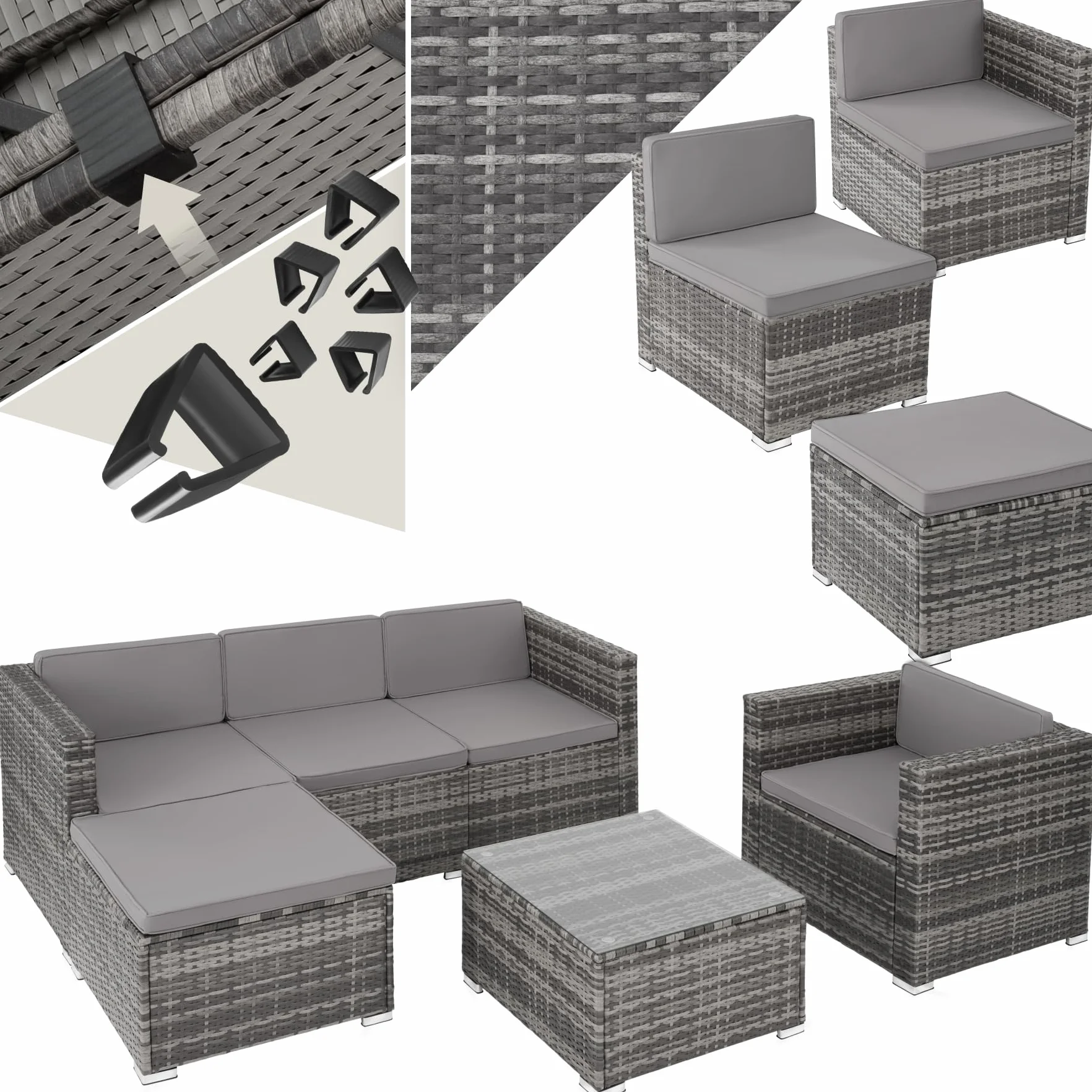 TecTake Conjunto Jardín Ratán Acero 6 Plazas Mesa Cristal Fundas Extraíbles