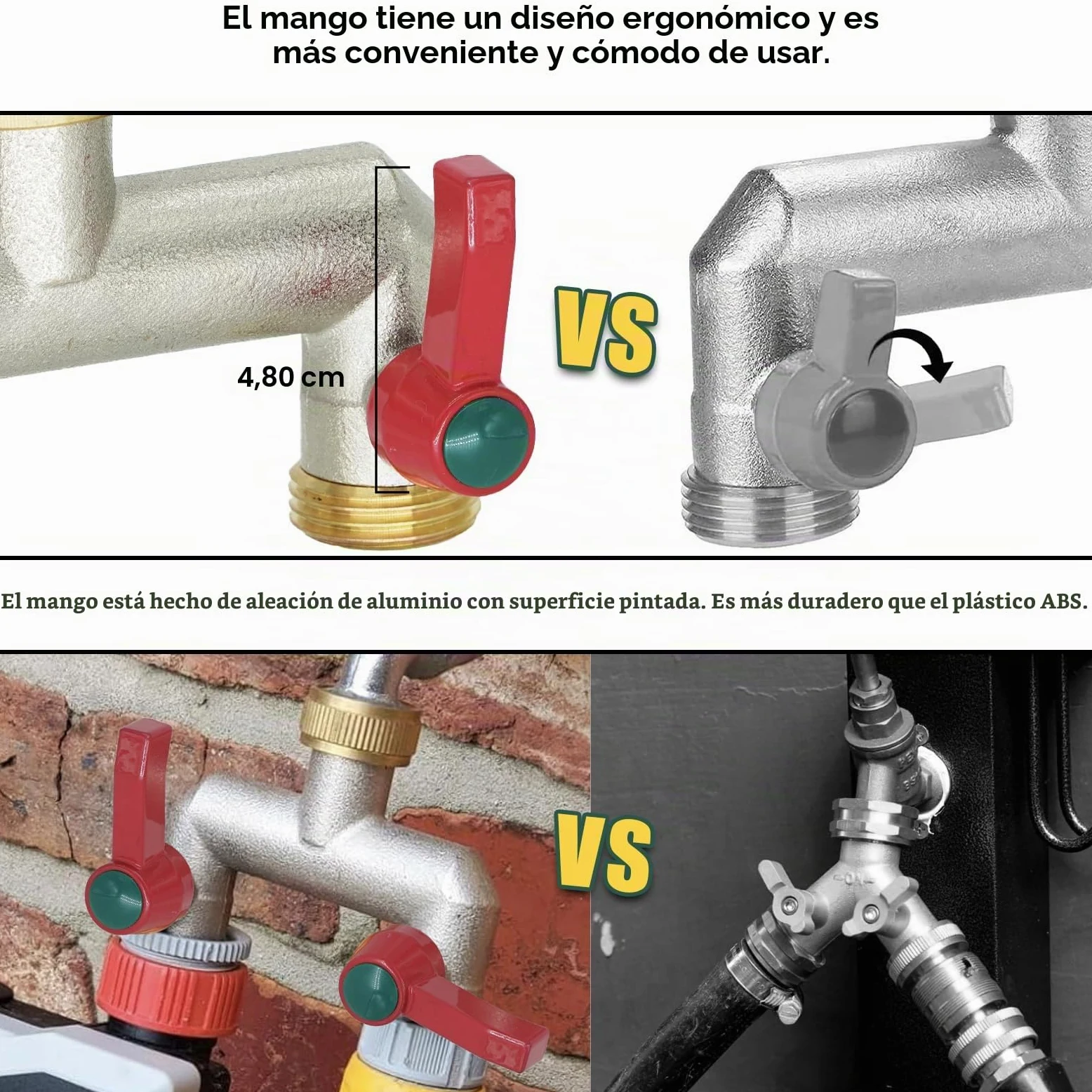 Divisor de Manguera de jardín de latón, Divisor de Grifo de 1/2 Pulgada y 3/4 Pulgada, Conector de Grifo de 3 vías con válvulas de Encendido/Apagado y Mango extendido, Adaptador de Grifo