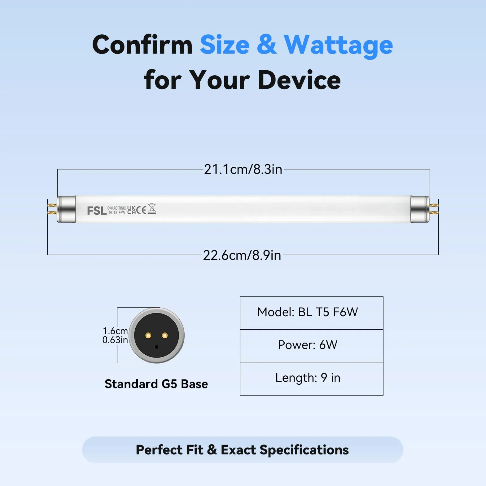 Tubo de recambio BL T5 F6W 9 pulg. Bombilla UV 365 nm para matamoscas eléctrico