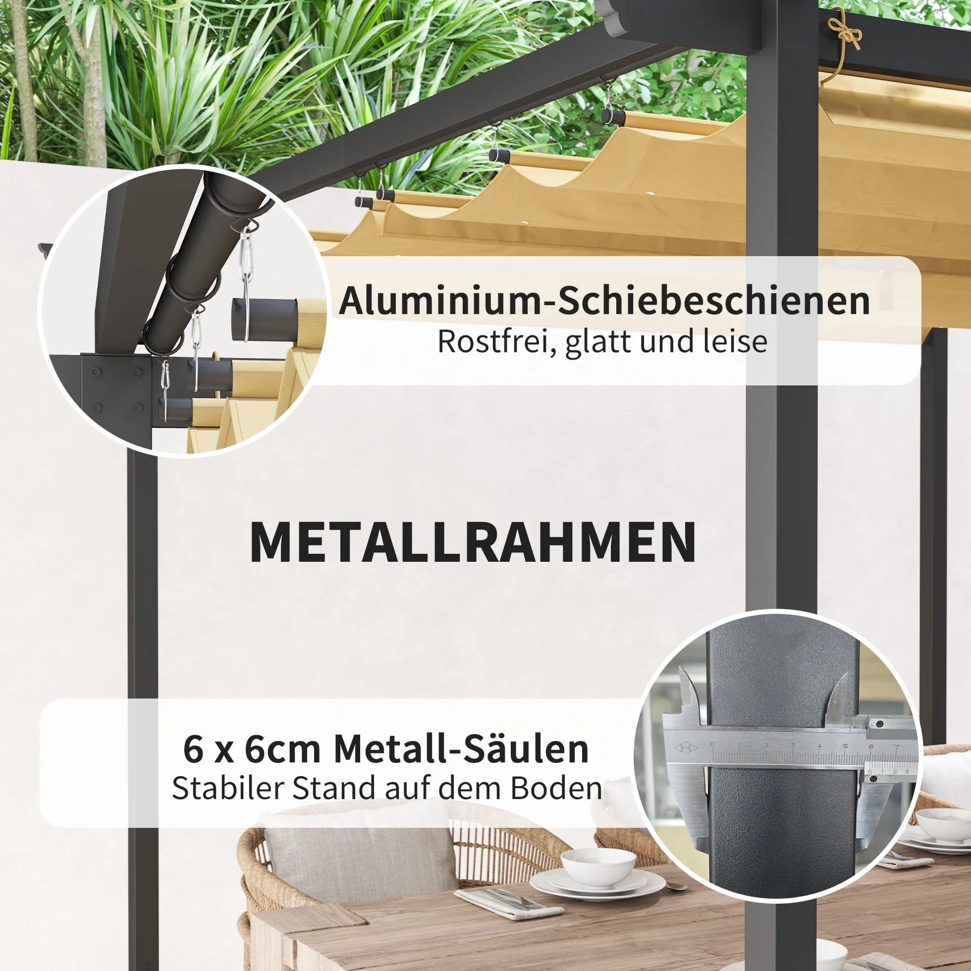 Outsunny Pérgola 3x3m Pabellón de jardín con techo de terraza de metal, pabellón de jardín con techo solar ajustable, protección UV 30+ Protección solar independiente para terraza y jardín, Beige