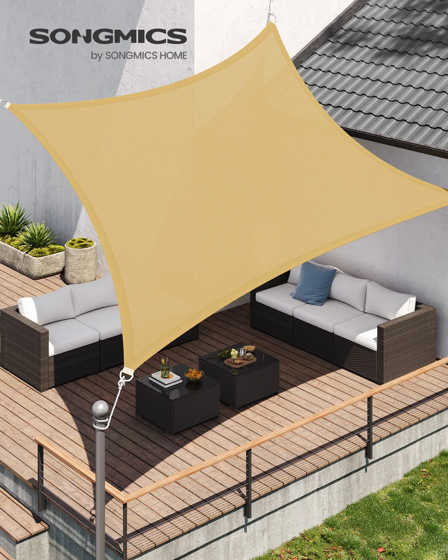 SONGMICS Vela de Sombra 3 x 5 m, HDPE, Protección Solar, Rectangular, Cóncava, Amarillo Arena