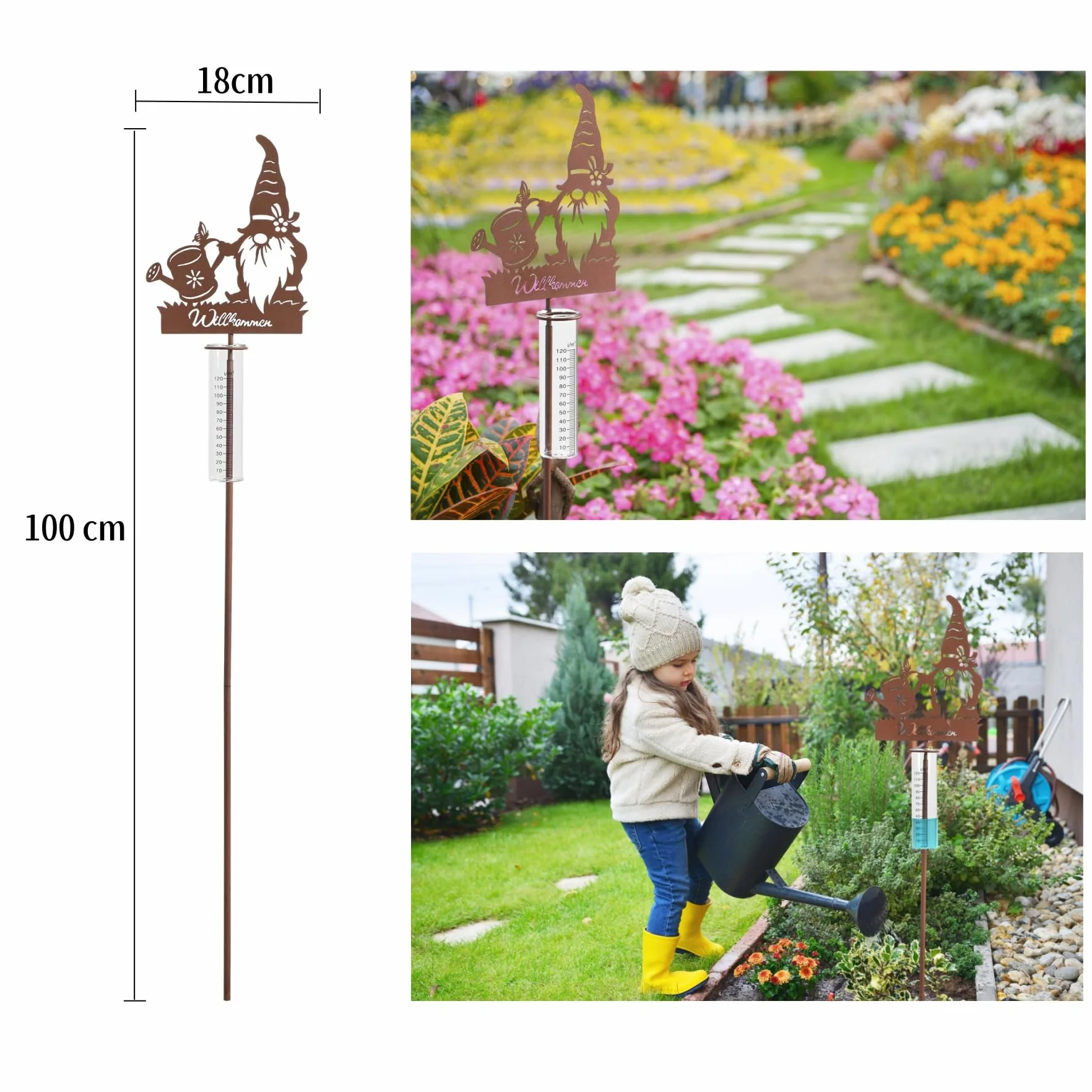Pluviómetro decorativo de jardín con estaca 100 cm, medidor de agua de lluvia de cristal con diseño enano