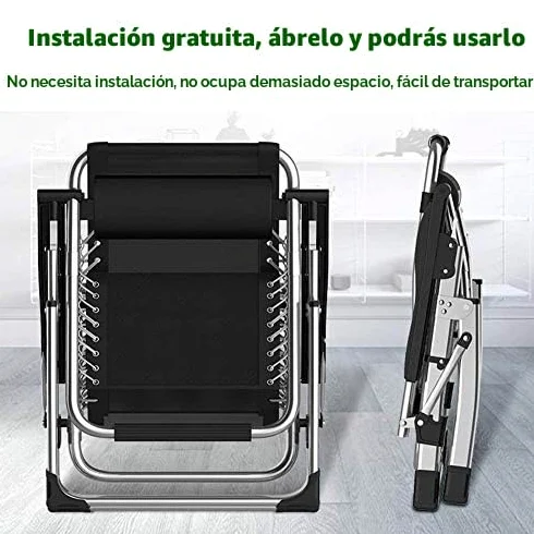 Sillas Plegables Sillas reclinables de tumbonas para tumbonas para la Playa Patio Jardín Acampar Al Aire Libre Portátil Home Lounge Chair Soporta 200 kg Negro (Color : with Gray Cushions)