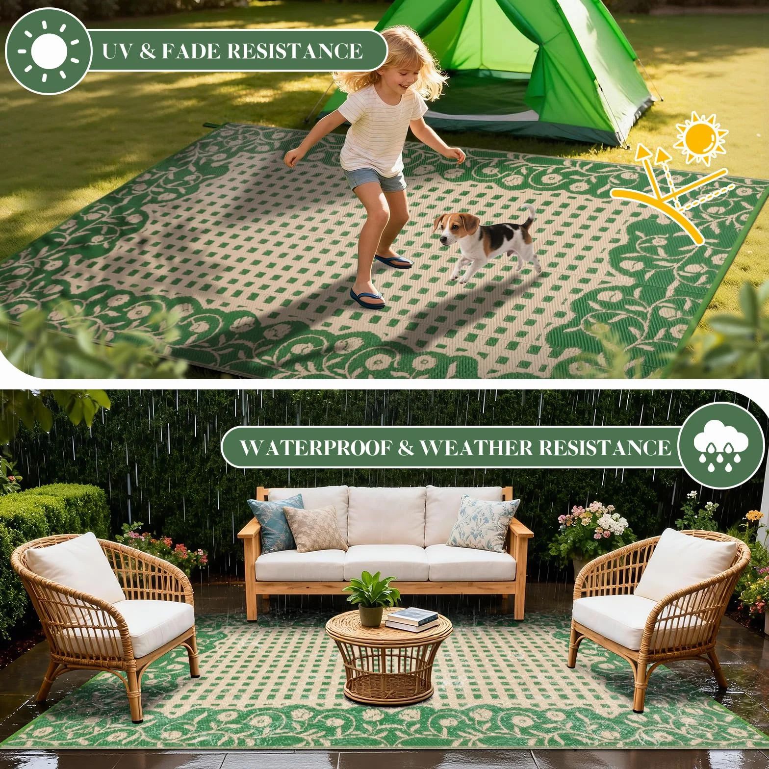 Alfombra de jardín impermeable 150 x 245 cm, reversible, plegable, plástico reciclado, resistente