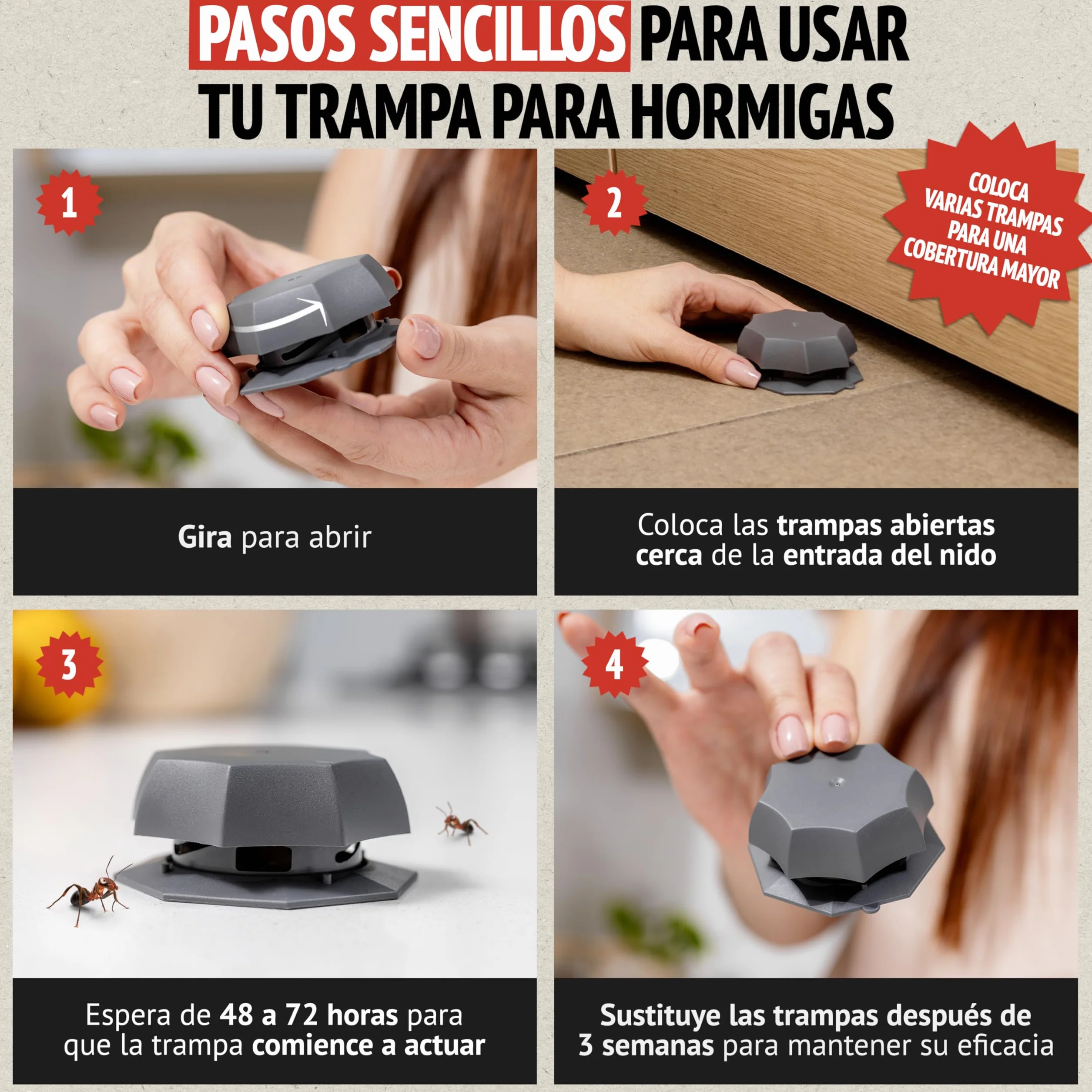 Trampa para Hormigas Pack 4 Unidades - Mata Hormigas con Cebo Anti Hormigas para Interior y Exterior