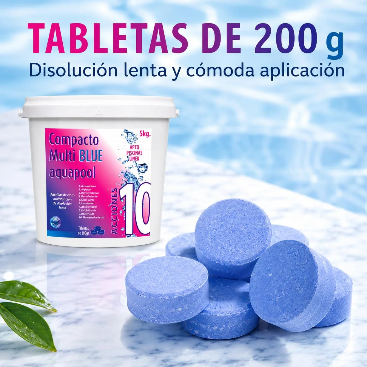 Aquapool Compacto 10 ACCIONES Pastillas de Cloro multifunción Disolución Lenta Apto Piscinas Liner 5 KG