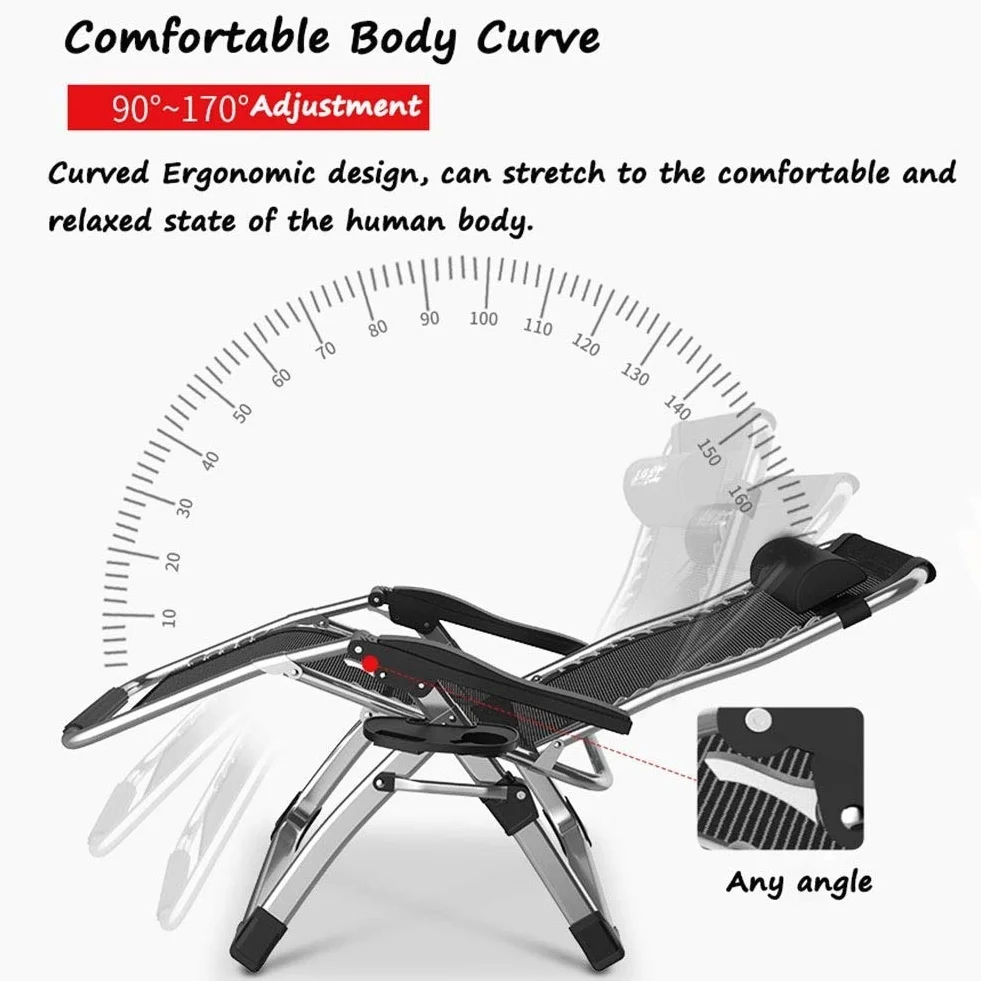 Silla Extragrande con tumbonas para la Gravedad Cero Patio Tumbonas Plegables en el jardín y en el Exterior Sillón reclinable para Playa con Capacidad de 200 kg con Cojines (Color : Black)