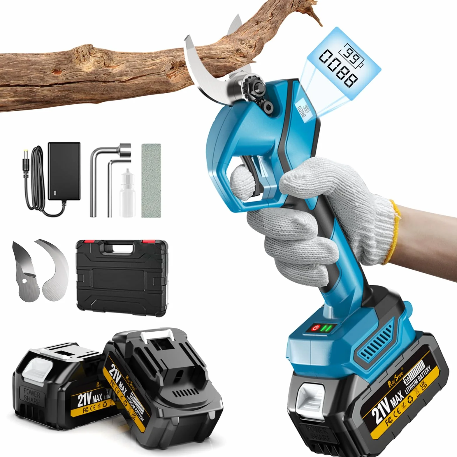 Tijeras de podar eléctricas profesionales inalámbricas, 35 mm, 2 baterías 4.0 Ah, motor sin escobillas 1000 W, corte bypass, contador de cortes LED e interruptor de seguridad, para ramas y arbustos