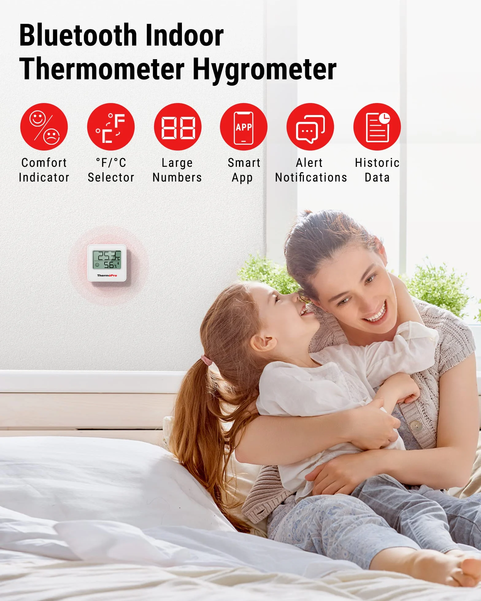 ThermoPro TP357 Termómetro Higrómetro Digital Bluetooth 260FT con Monitor Remoto de Temperatura y Humedad y APP Inteligente, Blanco