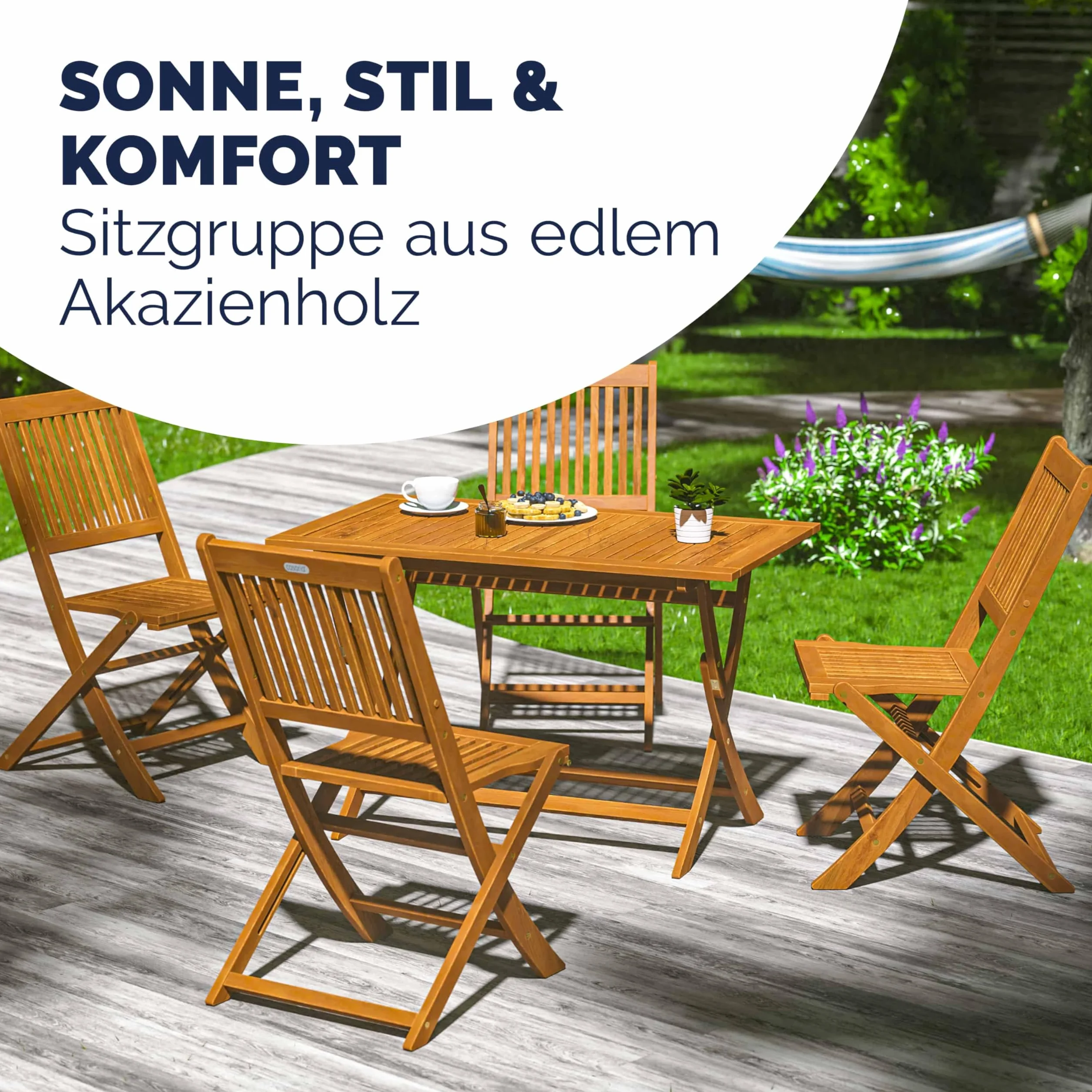 CASARIA® Juego de Muebles de Jardín 5 Piezas Mesa Extra Estable con Refuerzo Madera Acacia FSC® 4 Sillas Plegable Exterior