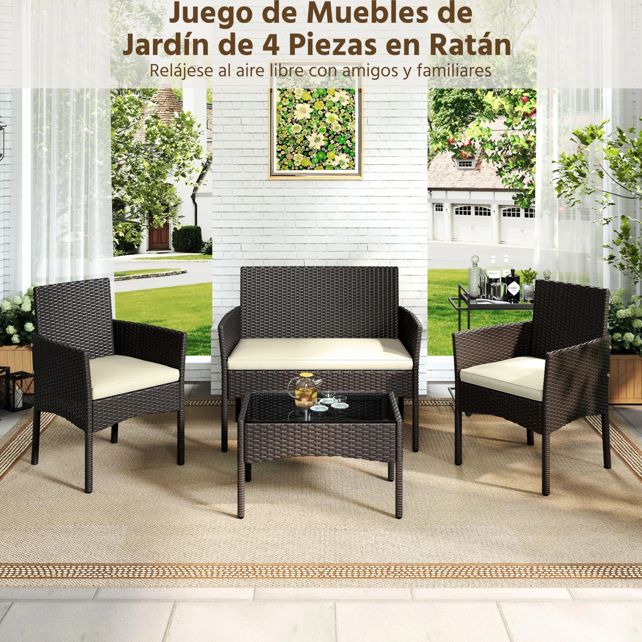 Yaheetech Conjunto de Muebles Ratán de Jardín 4 Piezas con Cojines y Mesa de Vidrio Marrón Beige