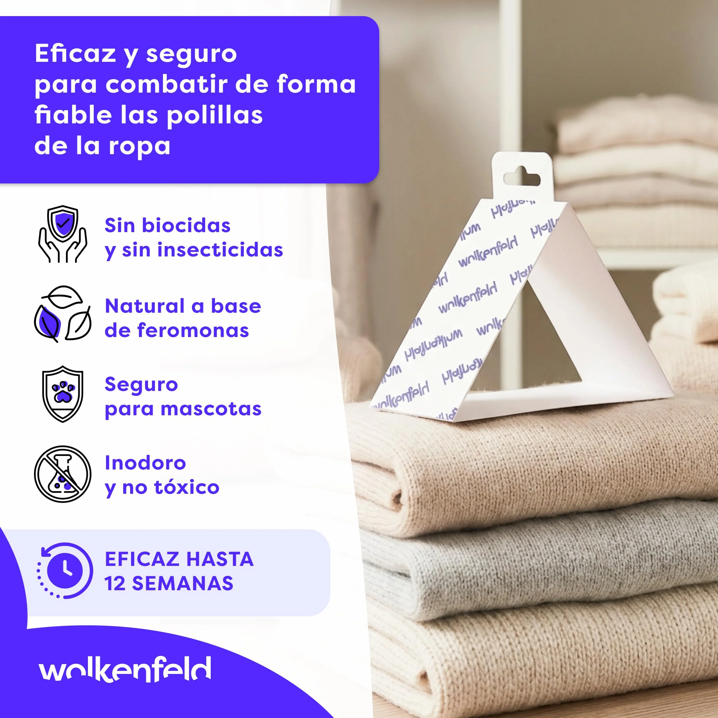 Wolkenfeld Antipolillas para Ropa Armario con Feromonas – 8 Trampas para Polillas de la Ropa, Lana y Cachemira, Fabricado en Alemania