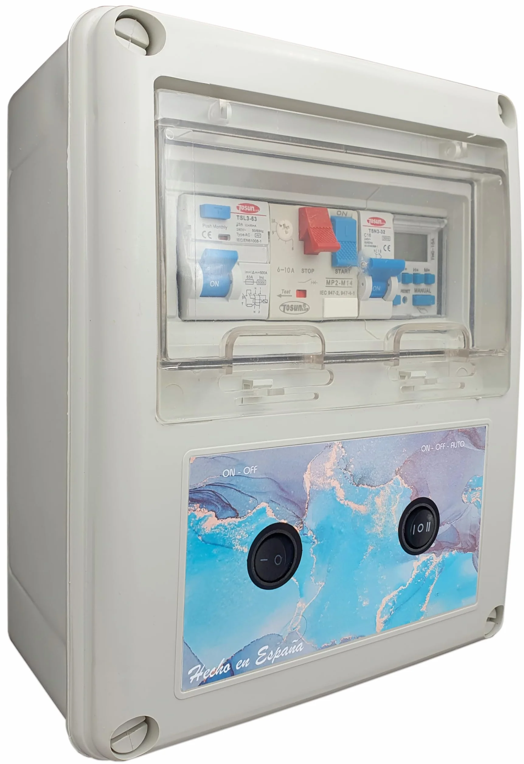 Cuadro Eléctrico Piscina Iluminación Motor Guardamotor Transformador Controlador On/Off 50W 12AC Bomba Agua 0,5CV 2,5-4A