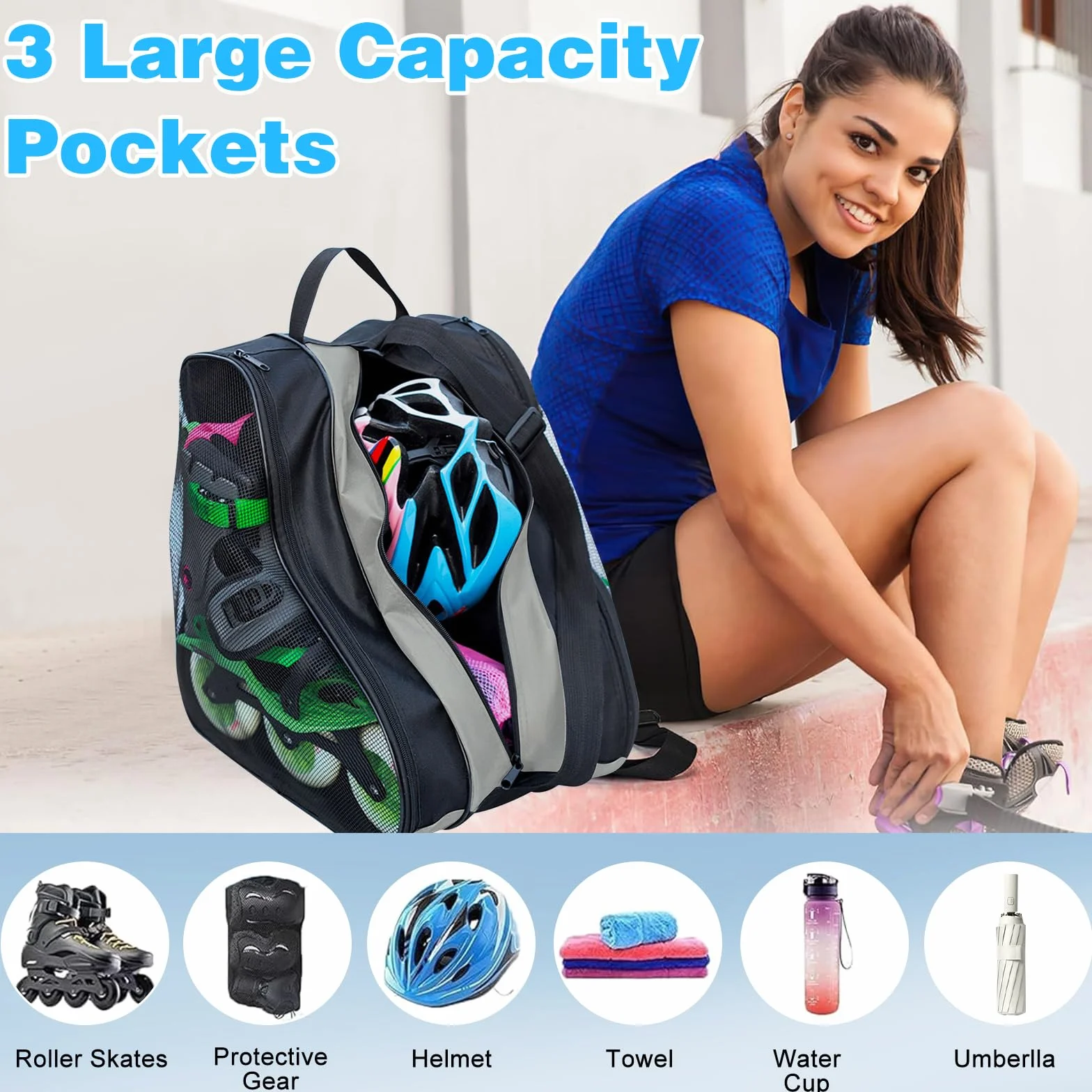 Bolsa para Patines en Linea con 3 Compartimentos para Casco y Protecciones