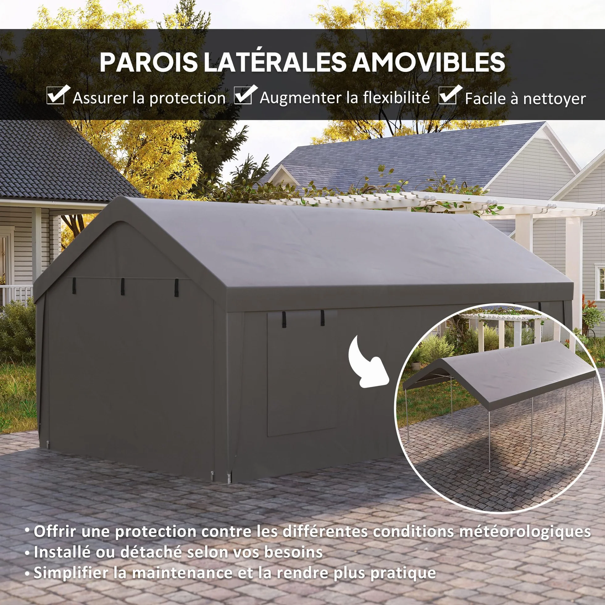 Outsunny Carport Cobertizo para coche 3x6 m 2 puertas enrollables 4 ventanas gris oscuro