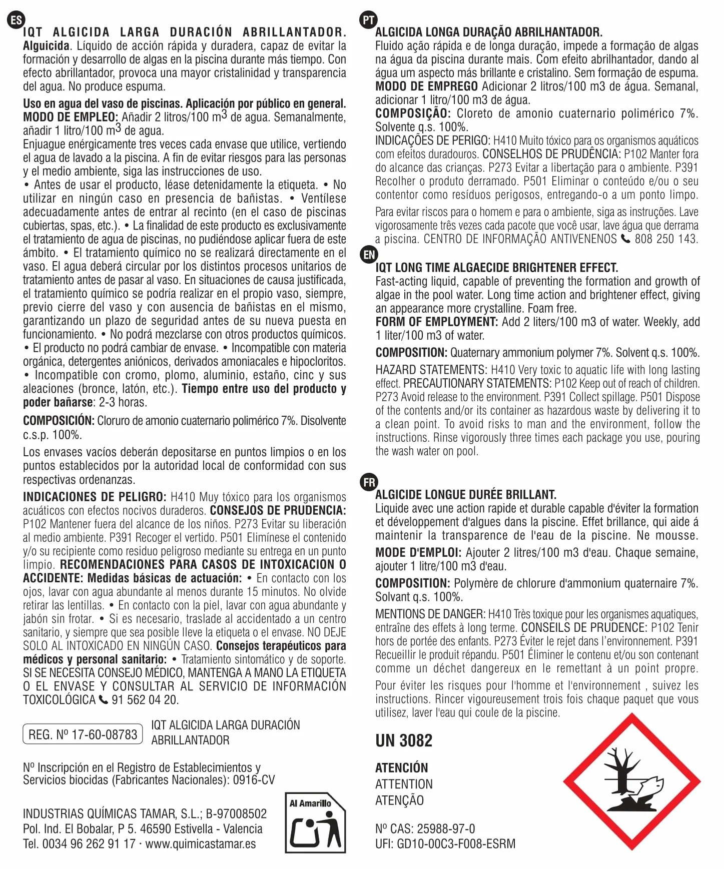 Algicida Larga Duración para Piscinas, Efecto Abrillantador, No Espumante, Antialgas Preventivo, 5 Litros