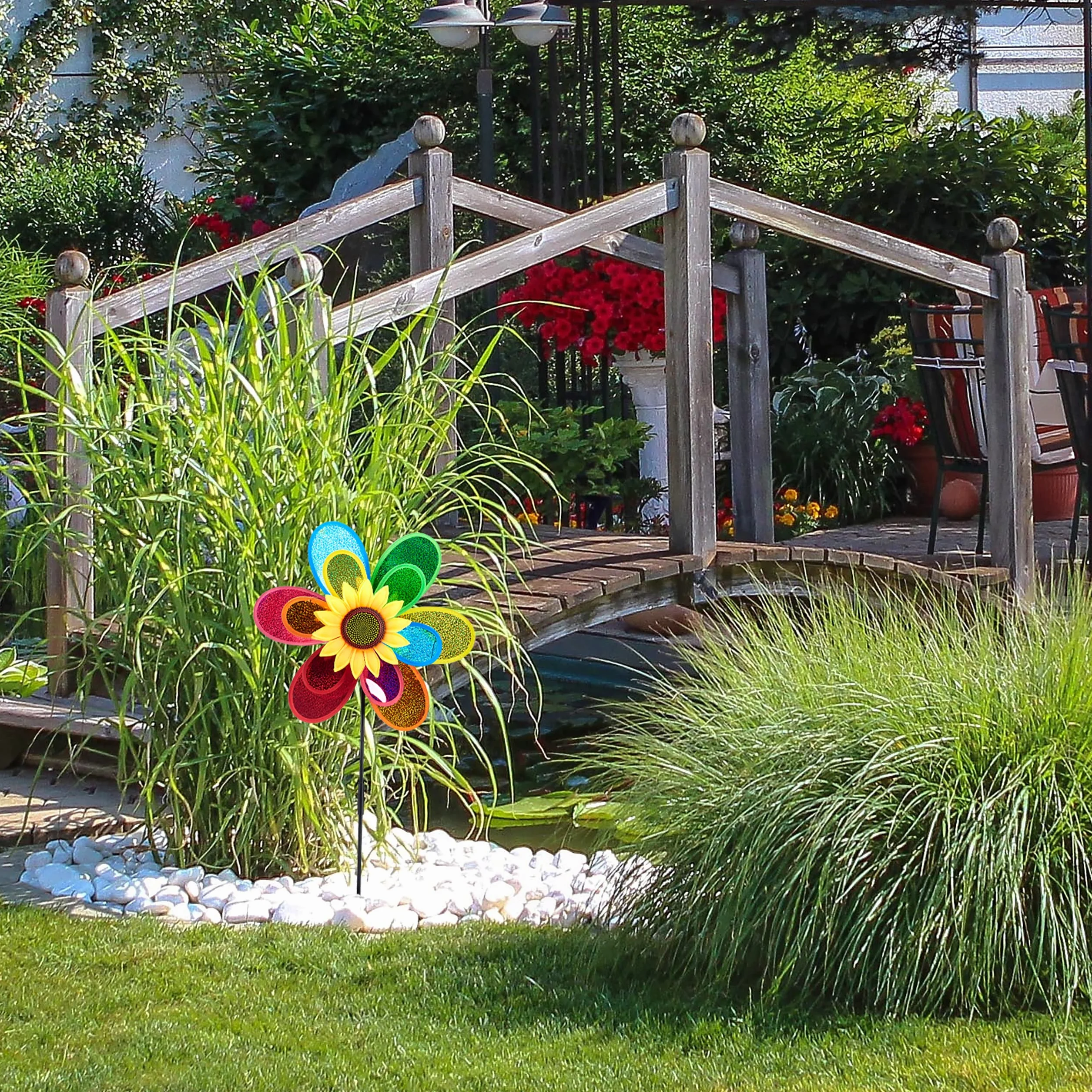 Relaxdays Molinillo de Viento Flor Jardín Terraza Poliéster Multicolor 74,5 x 37,5 x 14 cm