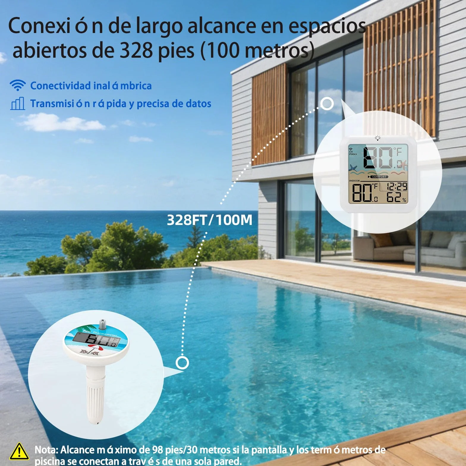 Termómetro inalámbrico para piscina flotante IP68 pantalla digital 100 m alcance