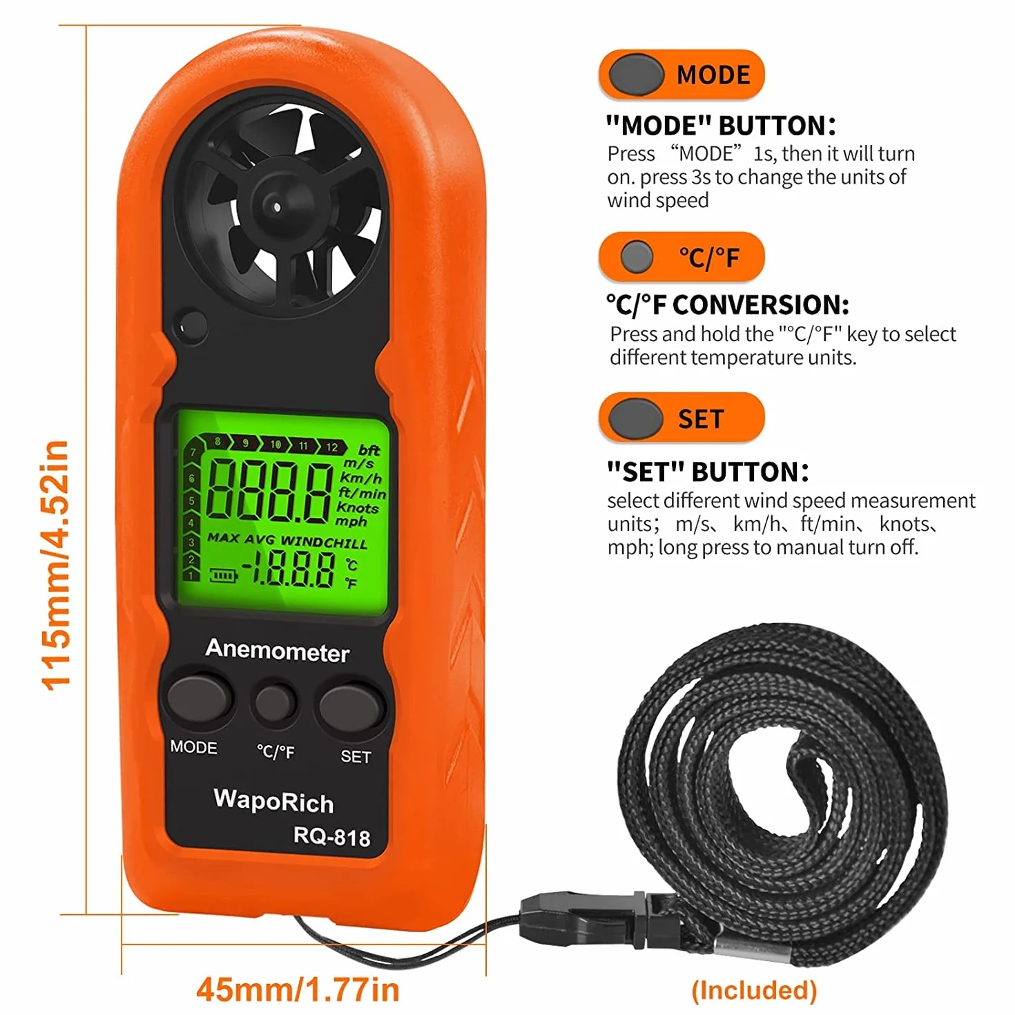 Anemómetro Mano RQ-818 Medidor Velocidad Viento Digital LCD Retroiluminada Temperatura Sensación Térmica Dron HVAC