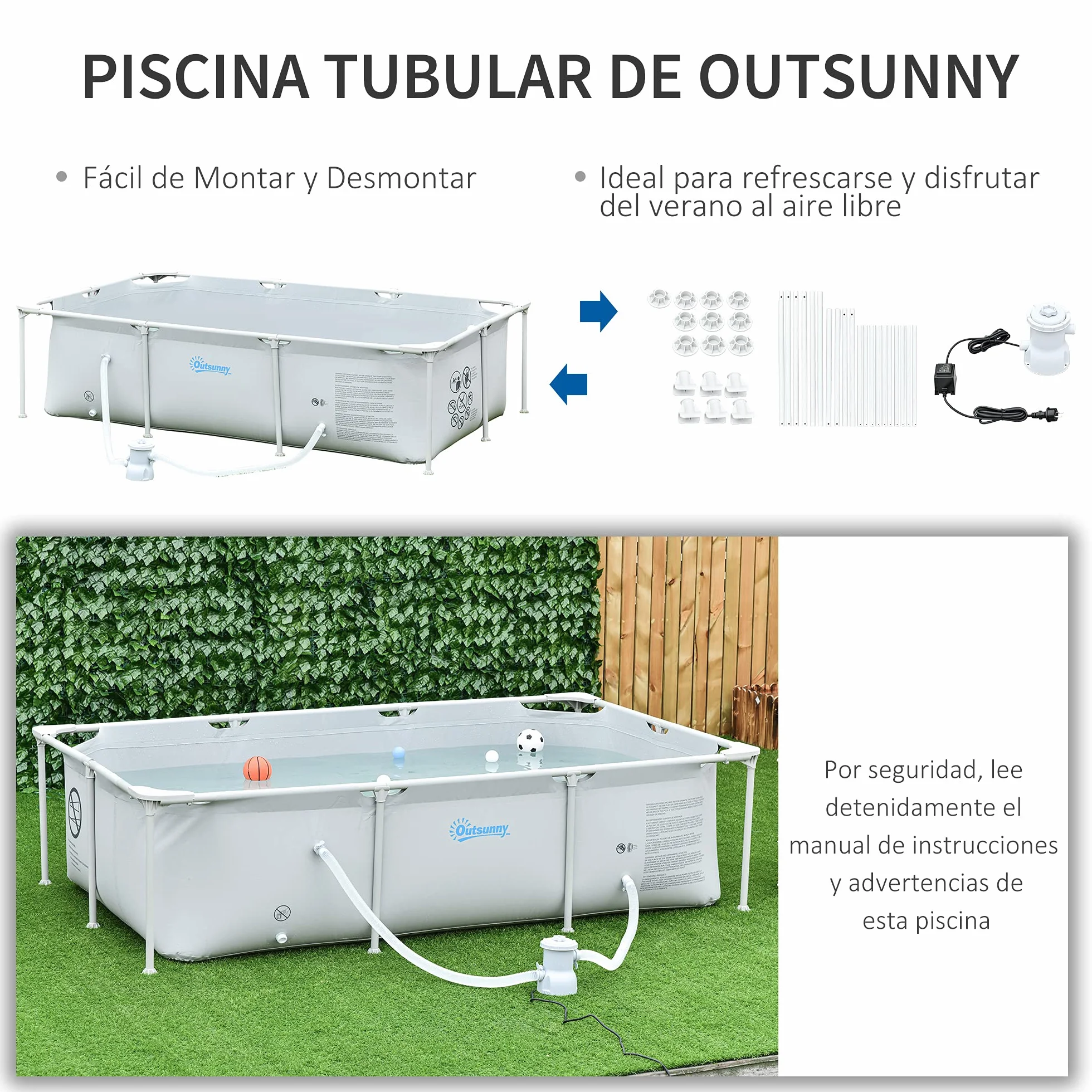 Outsunny Piscina Desmontable Tubular 252x152x65 cm 2163L con Depuradora 1200L/H Rectangular Exterior Gris