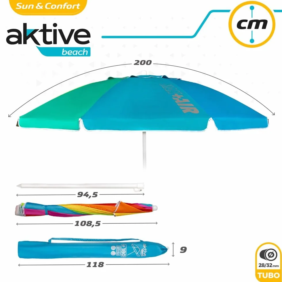 Aktive Sombrilla de playa grande Ø200 cm protección UV 50 resistente al viento mástil flexible