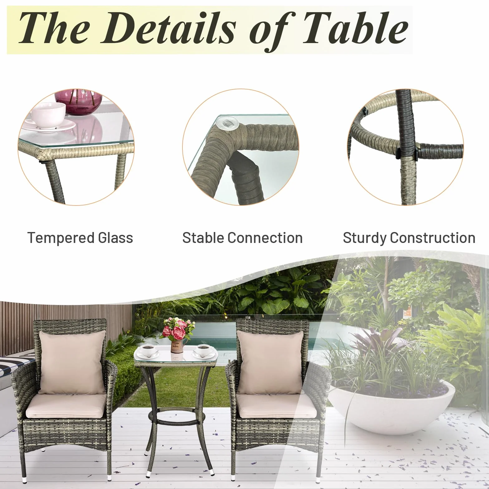 KOMFOTTEU Juego de Mesa y 2 Sillas de Ratán PE con 4 Cojines, Mesa de Cristal Templado, Set de Jardín