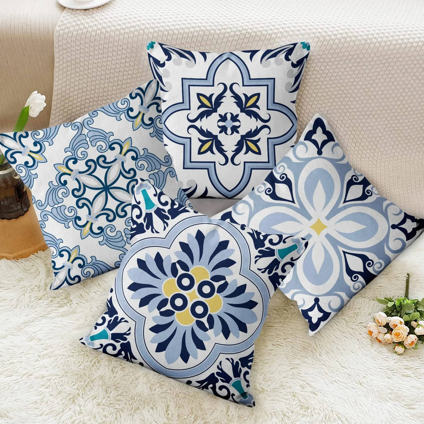Funda de cojín Boho 50x50 Juego de 4, Azul y Amarillo Retro Geométrico Mandala Floral, Lino para Sofá Cama Exterior