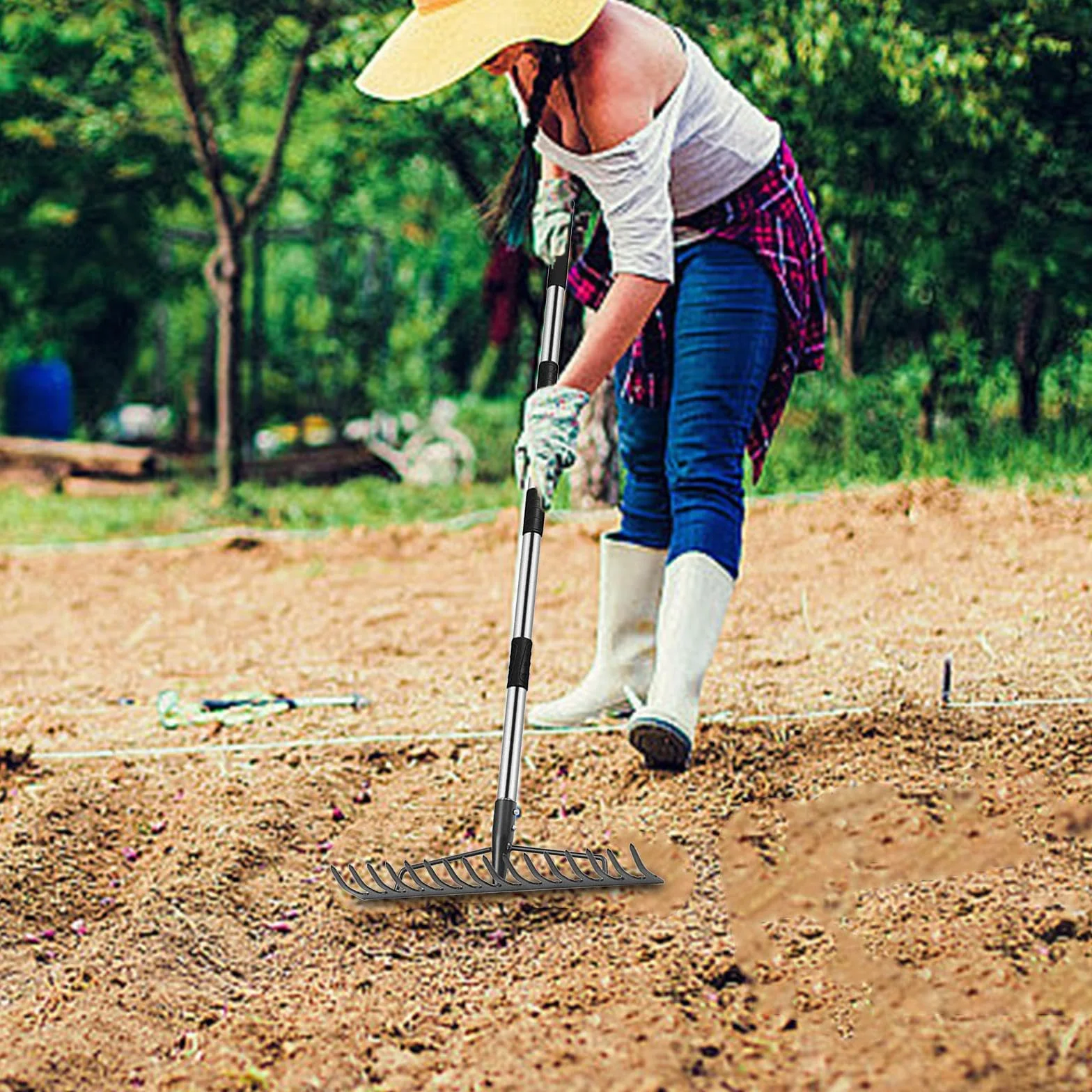 Rastrillo de Jardín para Hojas con Mango Ajustable, de Acero Inoxidable, para Césped Y Jardín.