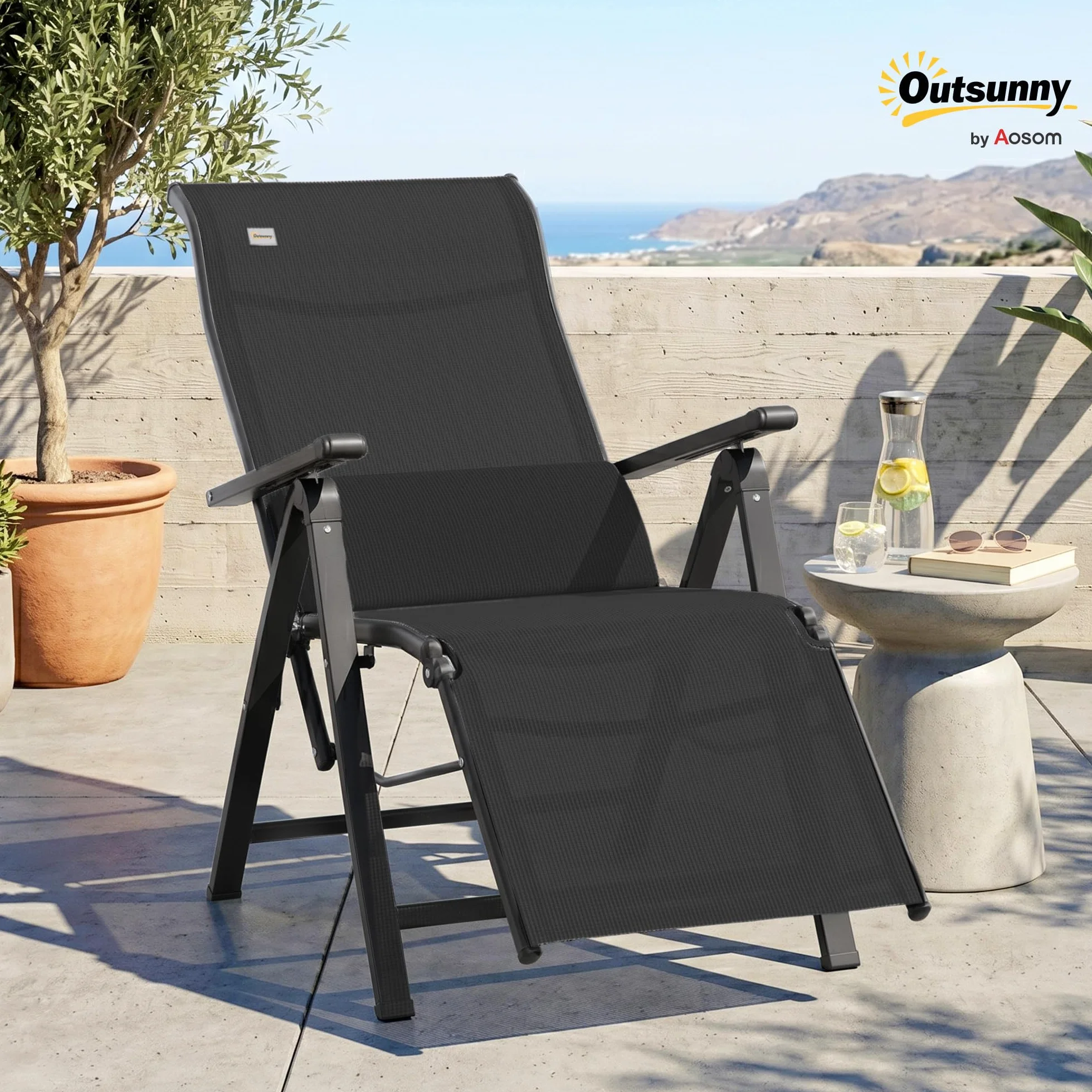 Outsunny Silla Reclinable Plegable de Jardín 9 Posiciones 150 kg Negro | Respaldo Ajustable, Cojín Lumbar, Estructura de Acero y Textilene Transpirable