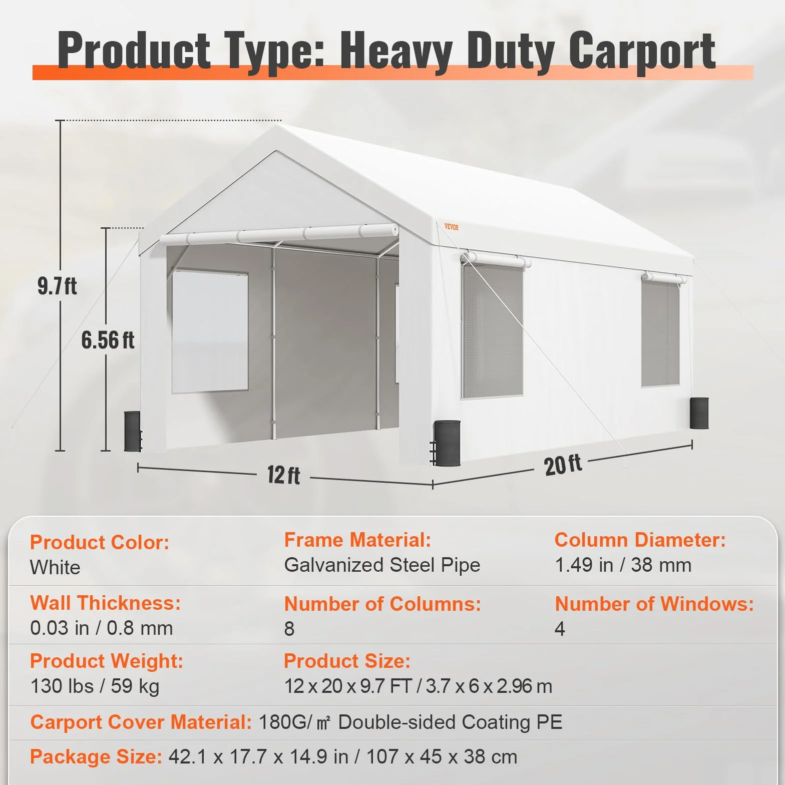 VEVOR Toldo para Cochera 3,7x6 m Carpa para Garaje con Paredes Laterales Desmontables Ventanas Puertas Enrollables Lona Impermeable Blanco
