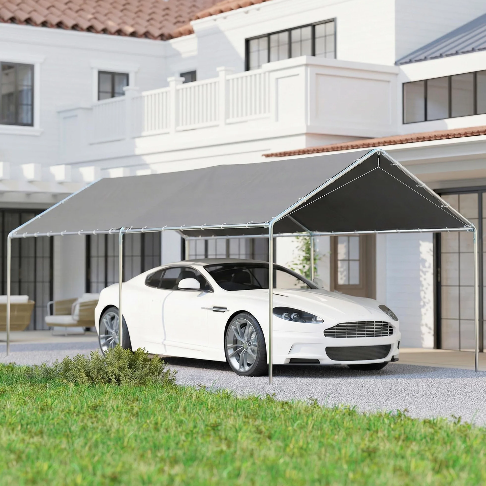 Outsunny Carpa Garaje 3x6 m Cochera Exterior Portátil Acero Galvanizado Impermeable Anti-UV Gris