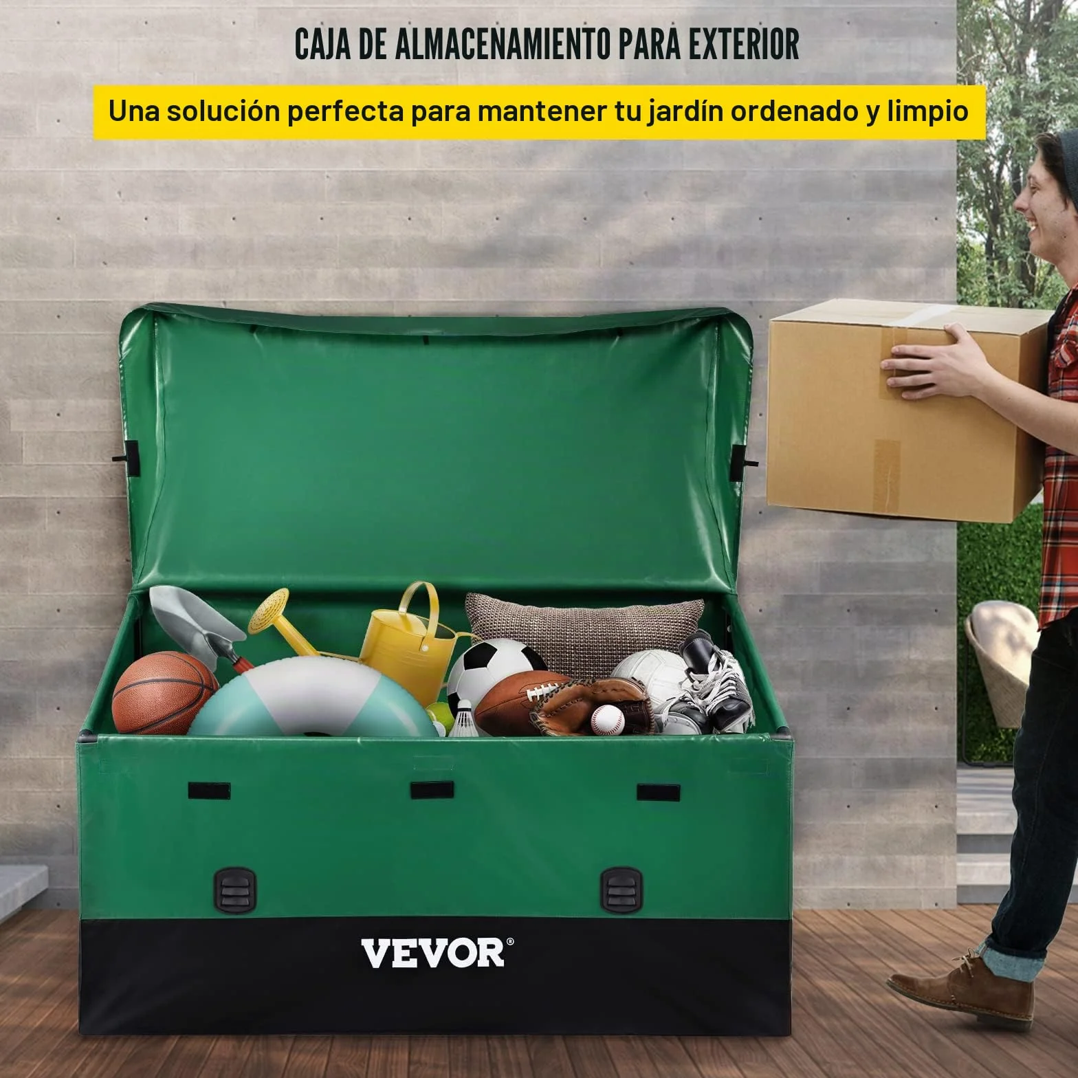 VEVOR Caja de Almacenamiento Exteriores 150 Galones Arcón Jardín Tela Lona PE Baúl Portátil 155x63x75x52 cm Verde