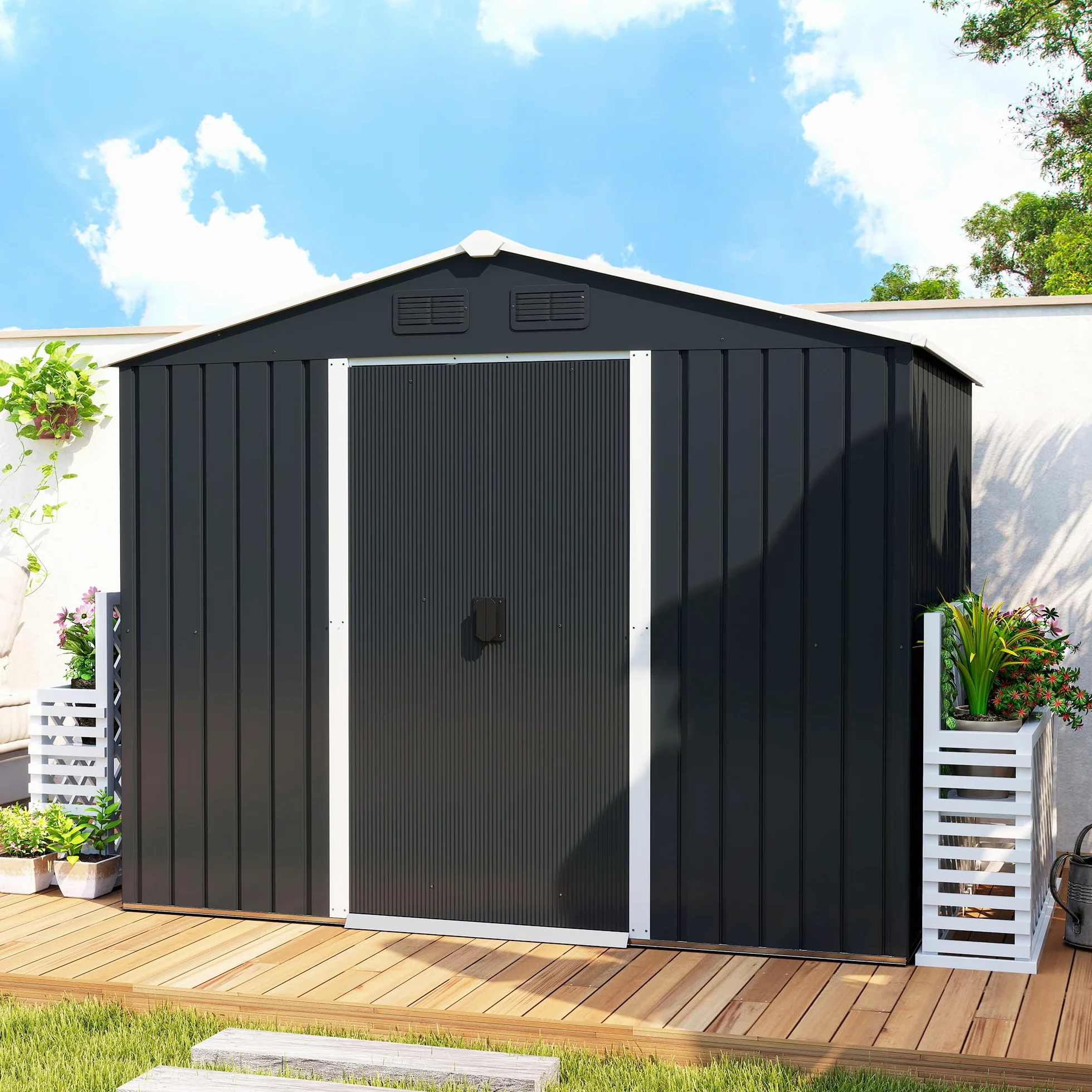 Outsunny Caseta de Jardín Exterior 3,6 m², 236x174x190 cm, Cobertizo Metálico con Puertas Correderas