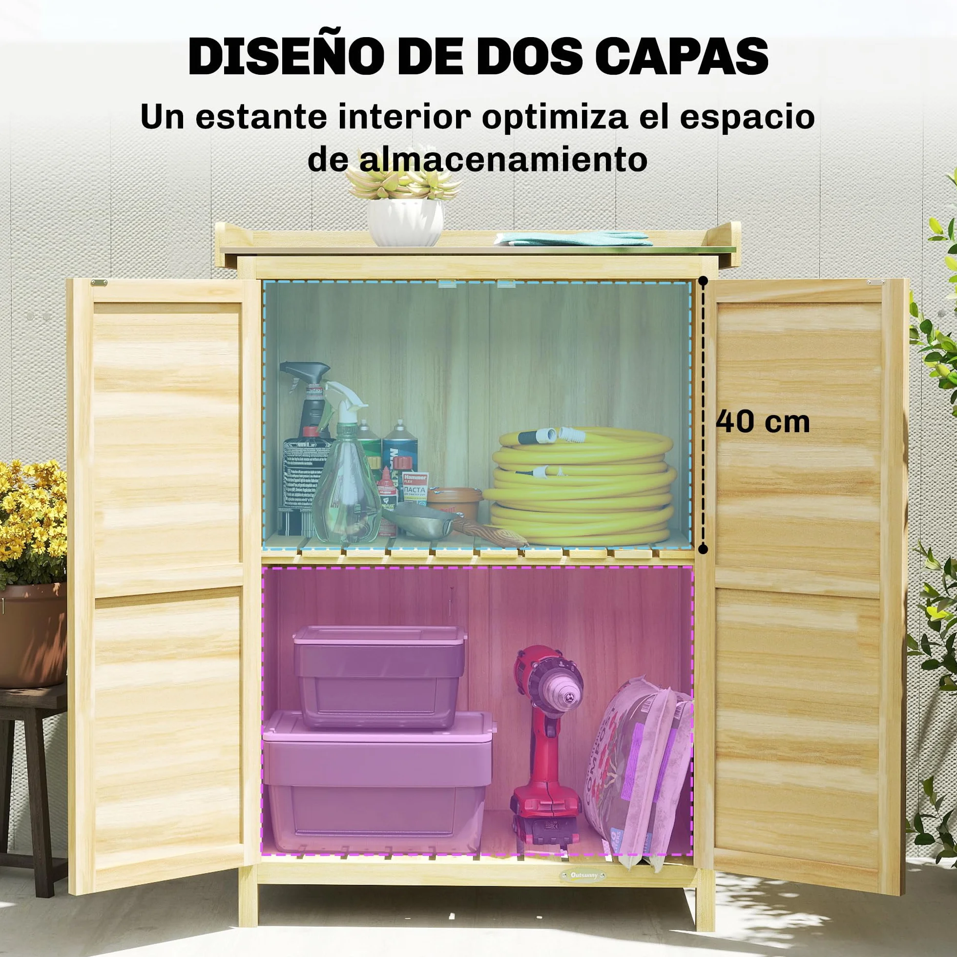Outsunny Armario Exterior Madera Caseta Jardín Techo Metal Galvanizado Estantes 2 Puertas Ganchos Cobertizo Almacenaje Herramientas 71,5x39x95 cm Natural