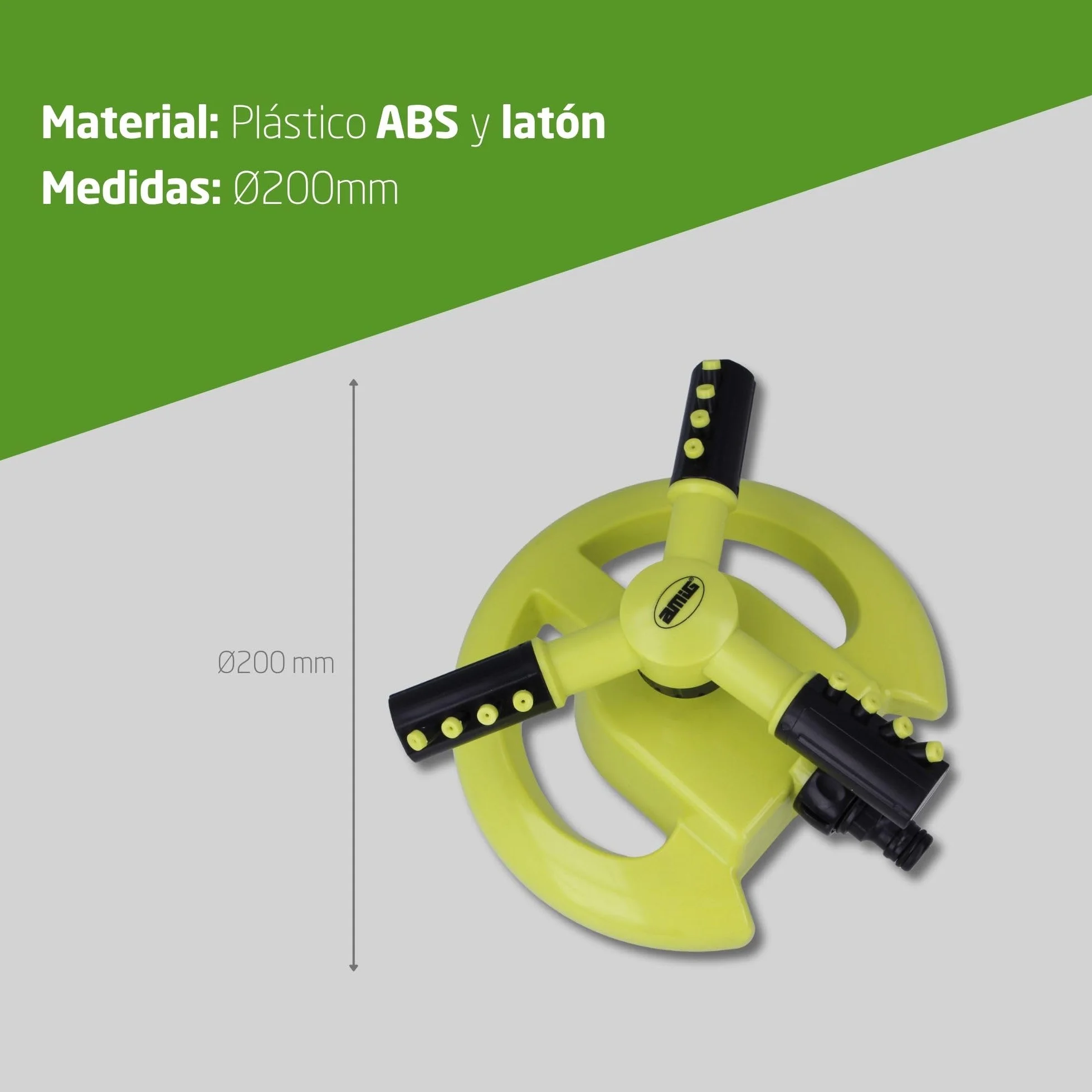 Amig Aspersor Giratorio 3 Boquillas Ø200 x 100 mm 3 Brazos Giratorios Conector Rápido 63,5 m² Plástico ABS Verde Pistacho Negro