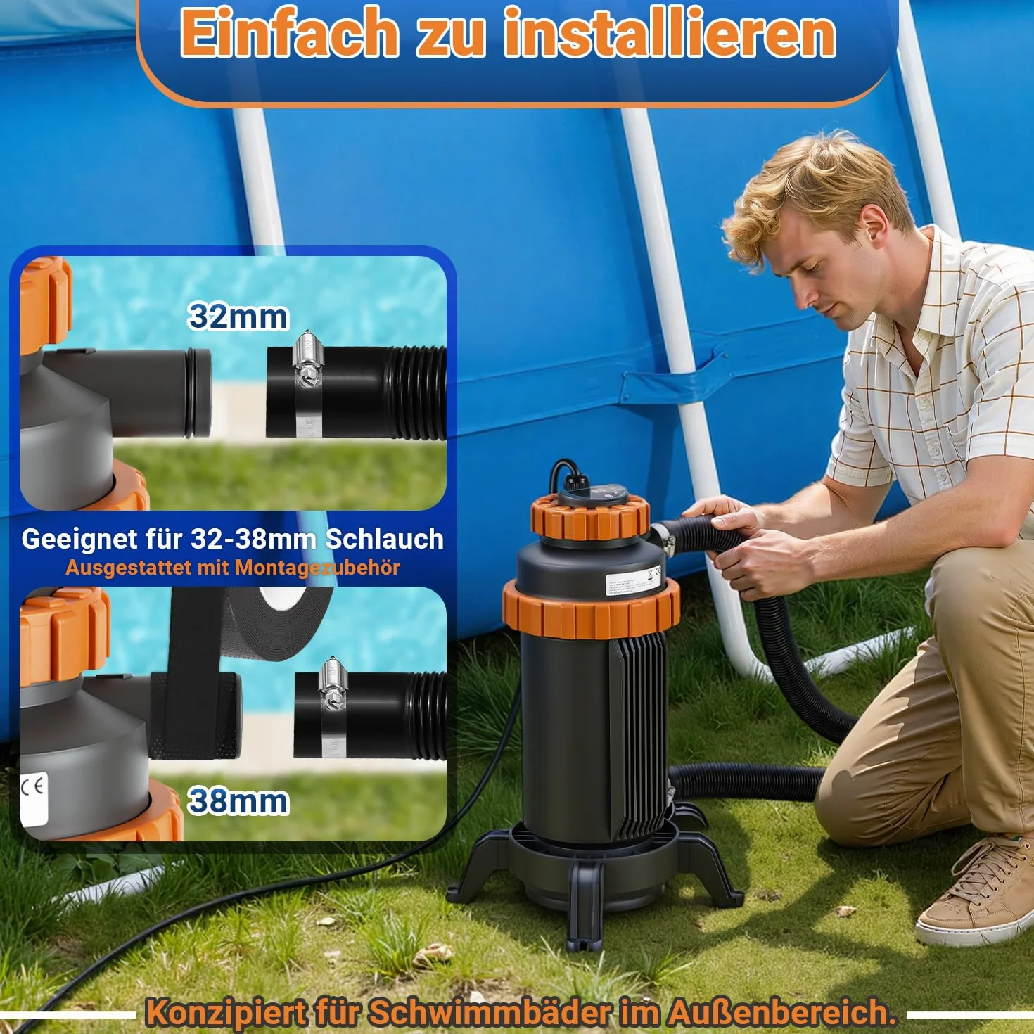 Calentador de piscina 3000 W 17 x 42 cm diámetro pantalla digital almacenamiento automático de calor