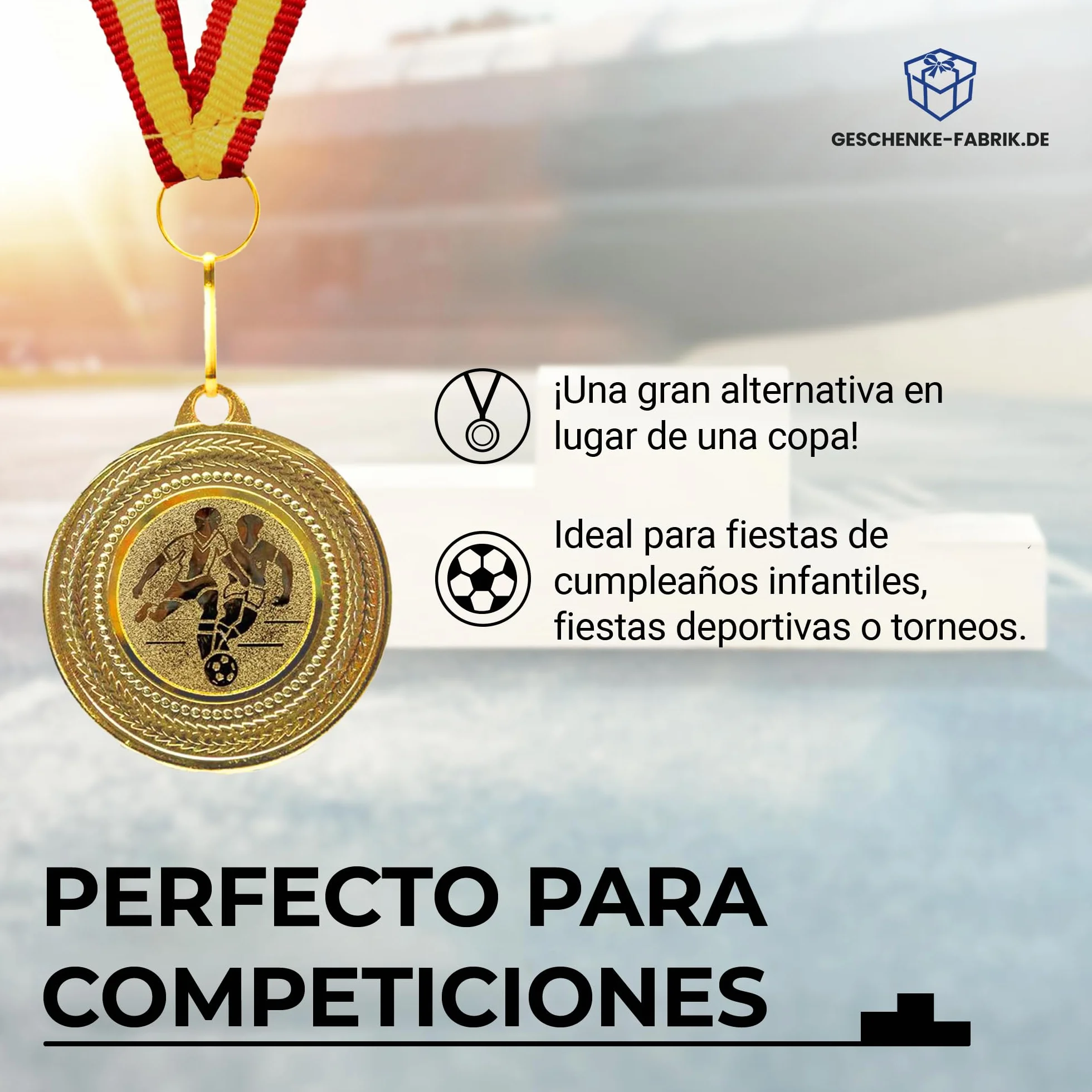 Pokal-Fabrik Juego de 10 Medallas de Fútbol Metal Dorado con Cinta Azul, Blanca y Roja