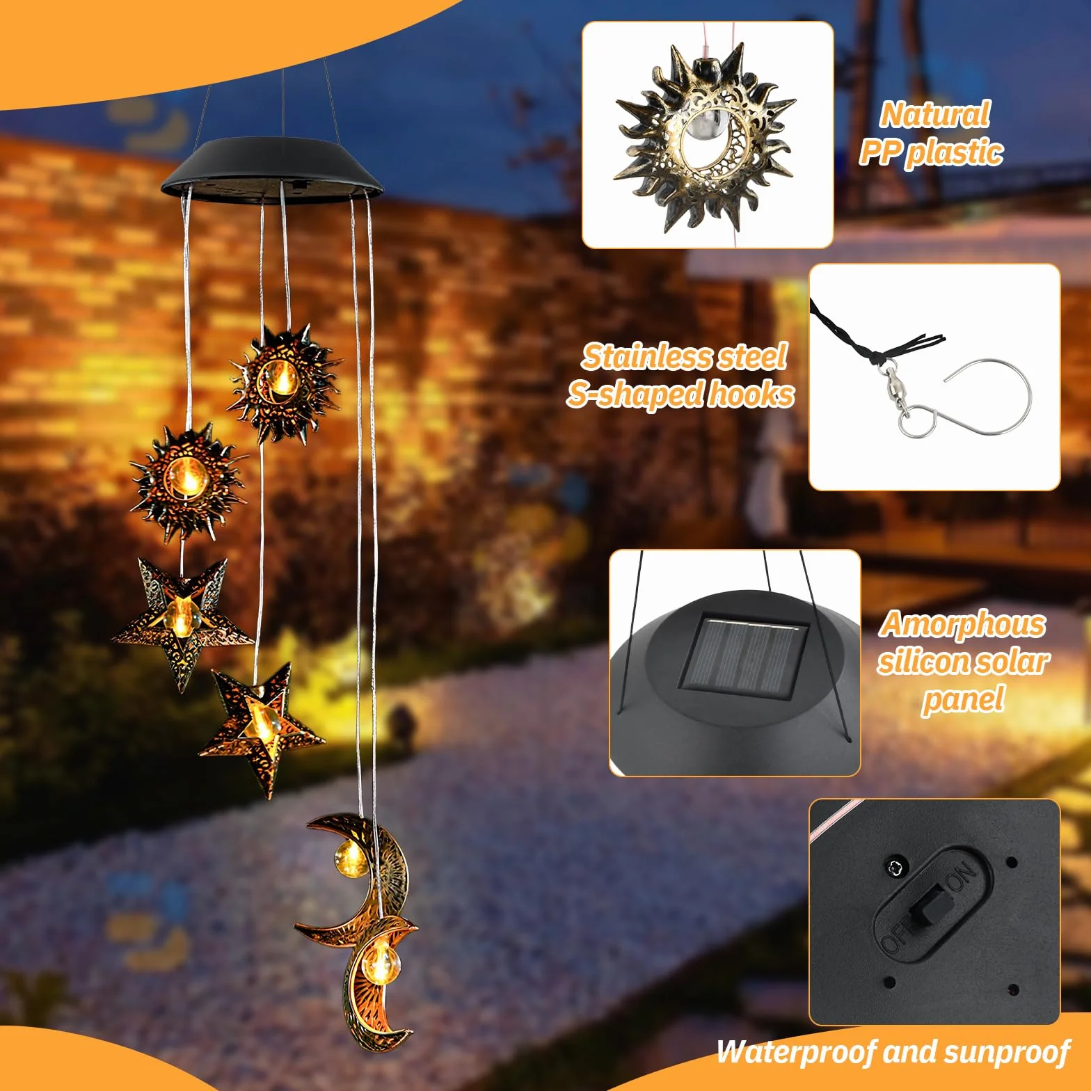 Campanas de Viento Solares LED para Exterior – Lámpara Decorativa Colgante de Jardín con Luz Solar, Sol, Luna y Estrella