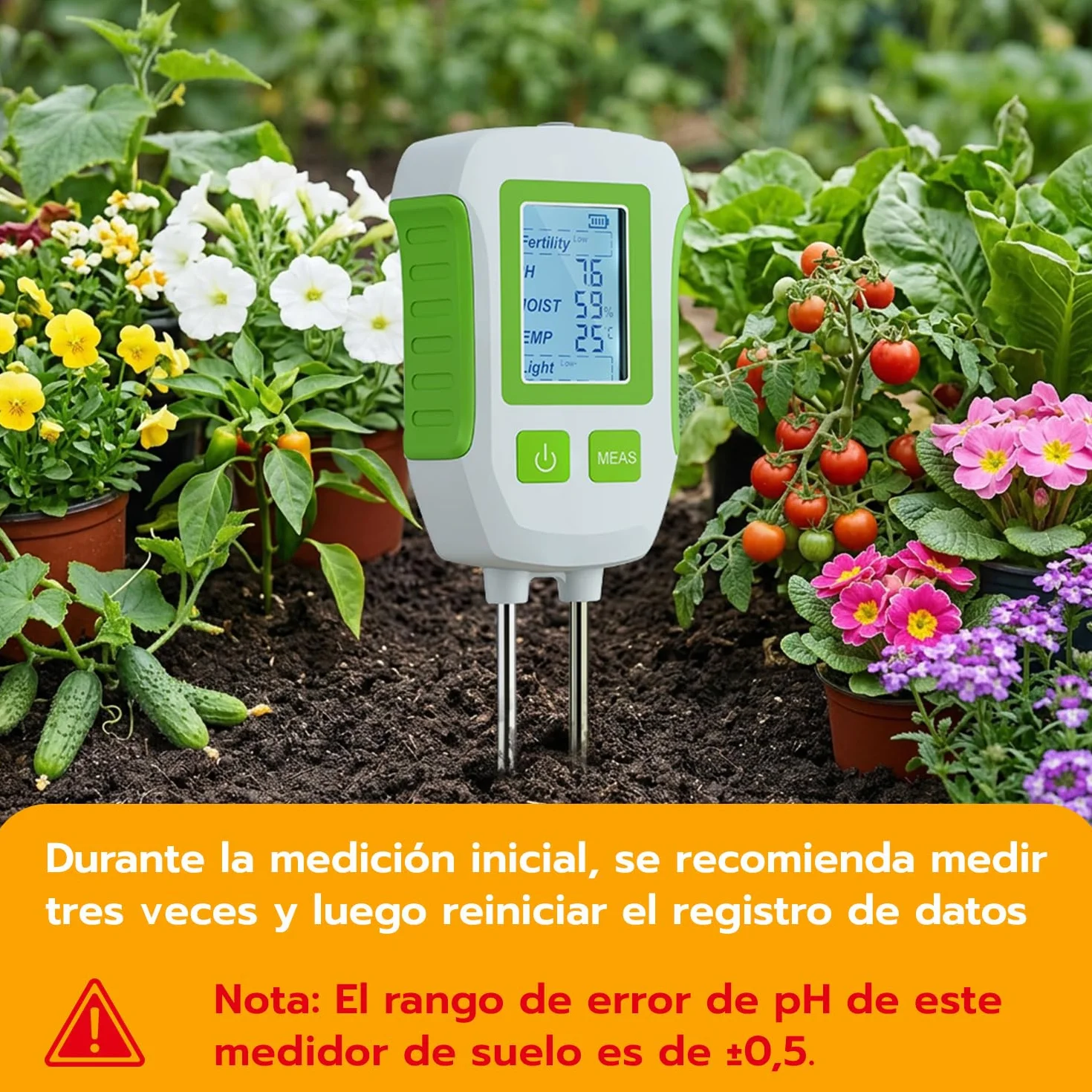 Medidor de Suelo 5 en 1, Higrómetro Digital para Plantas con Pantalla LCD, Humedad, pH, Temperatura, Luz, Fertilidad
