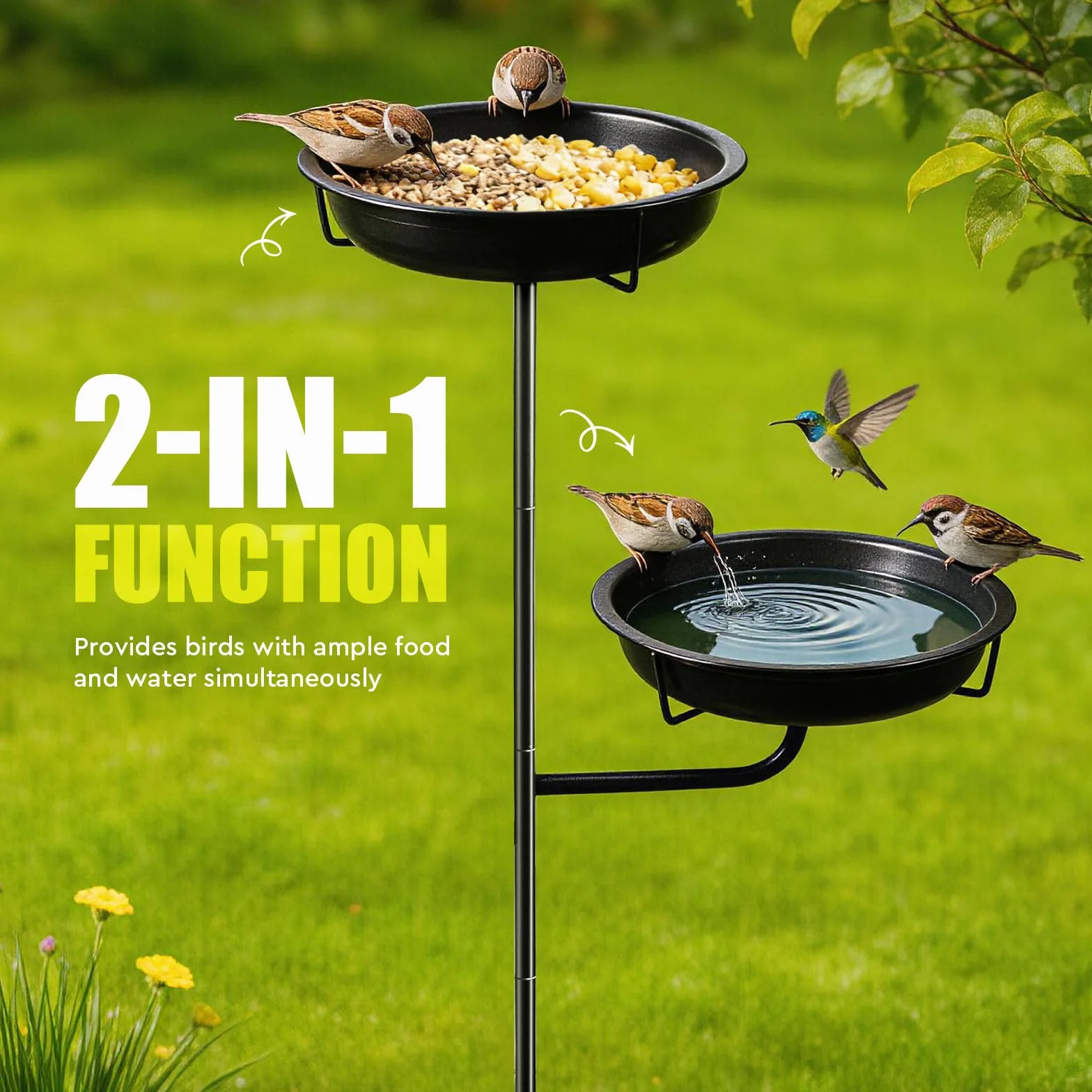SWAWIS Comedero y Bebedero para Pájaros Independiente 2 Palangana Metal 27x5cm Altura 101cm Negro