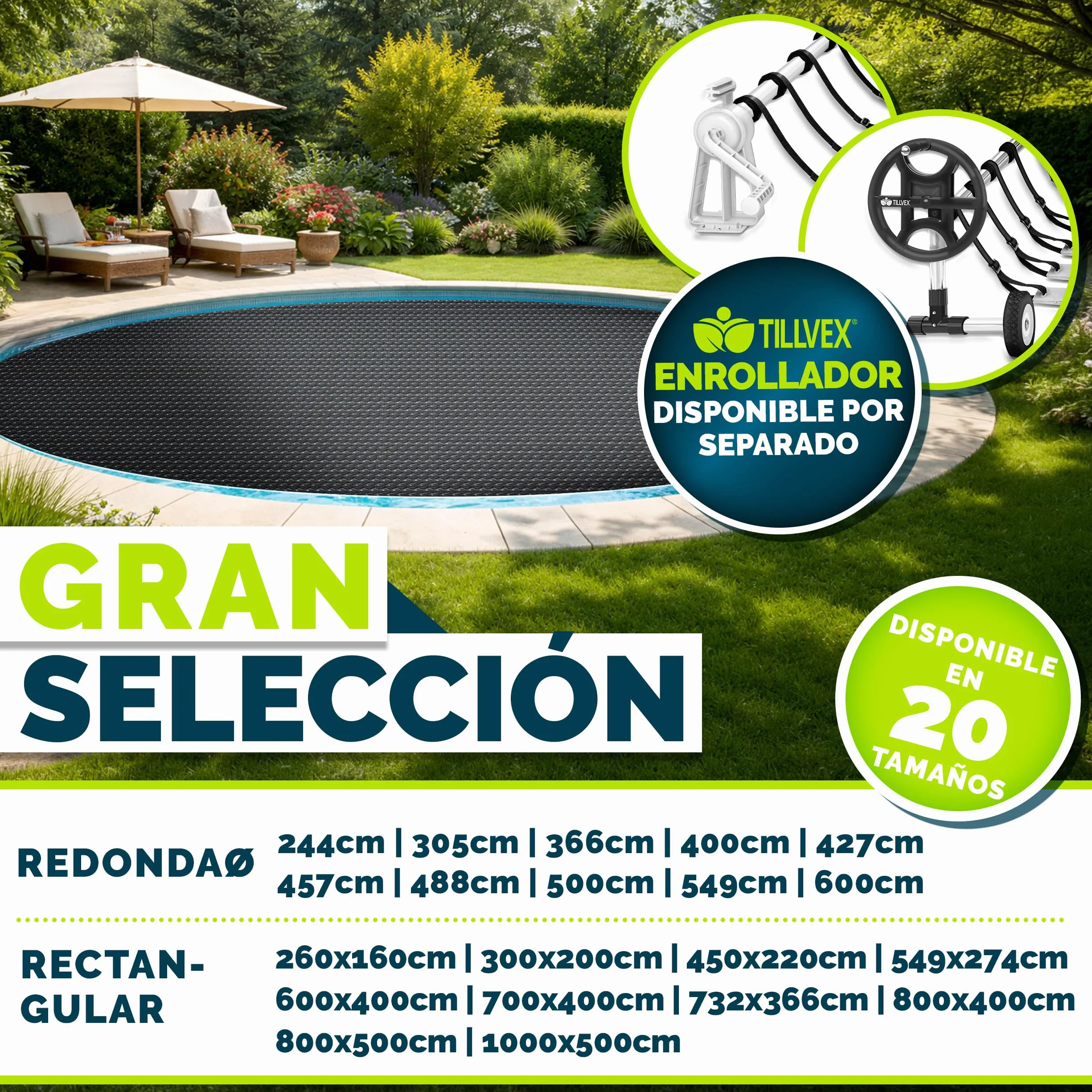 Tillvex Lona Solar para Piscina 400 µm Rectangular 450 x 220 cm Cubierta Solar Térmica