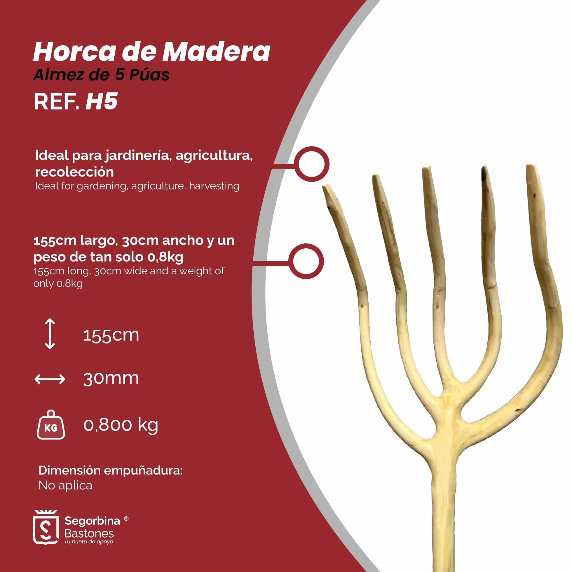 Horca de Madera Almez de 5 Púas 150cm Herramienta de Jardinería