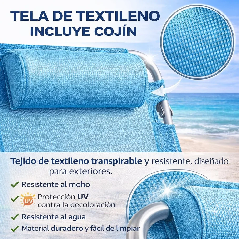 Silla Playa Plegable Metal Tela Textileno 48x62x85 cm Multiposiciones Reclinable Azul Turquesa