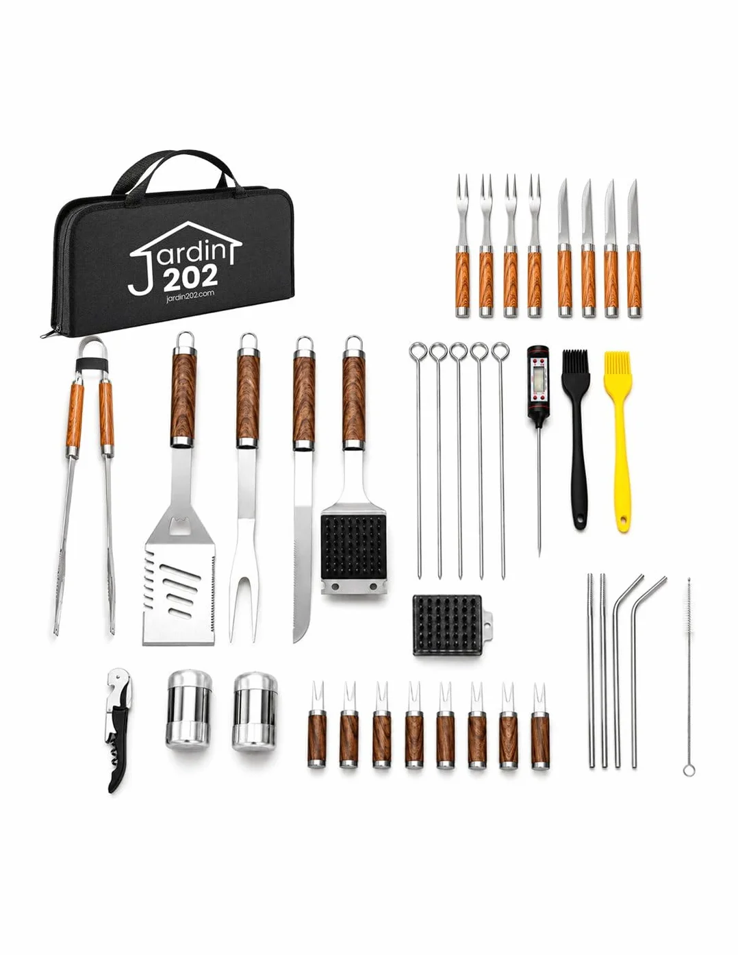 JARDIN202 - Juego Utensilios Barbacoa, Accesorios Parrilla Acero Inoxidable, Set Grill, Kit de Herramientas BBQ con Bolsa de Transporte | (38 Piezas)
